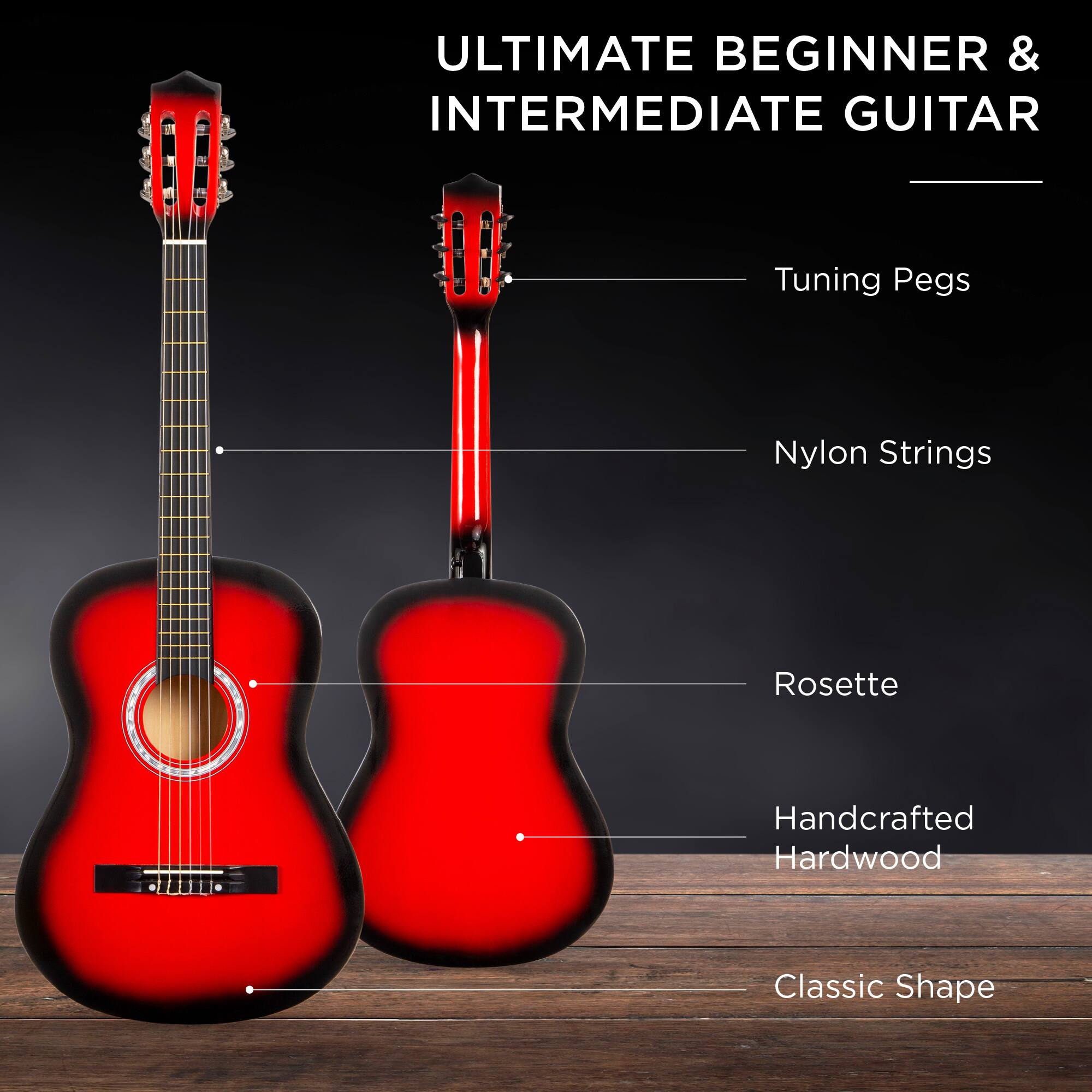 ULTIMATE BEGINNER & INTERMEDIATE GUITAR

- Tuning Pegs
- Nylon Strings
- Rosette
- Handcrafted Hardwood
- Classic Shape