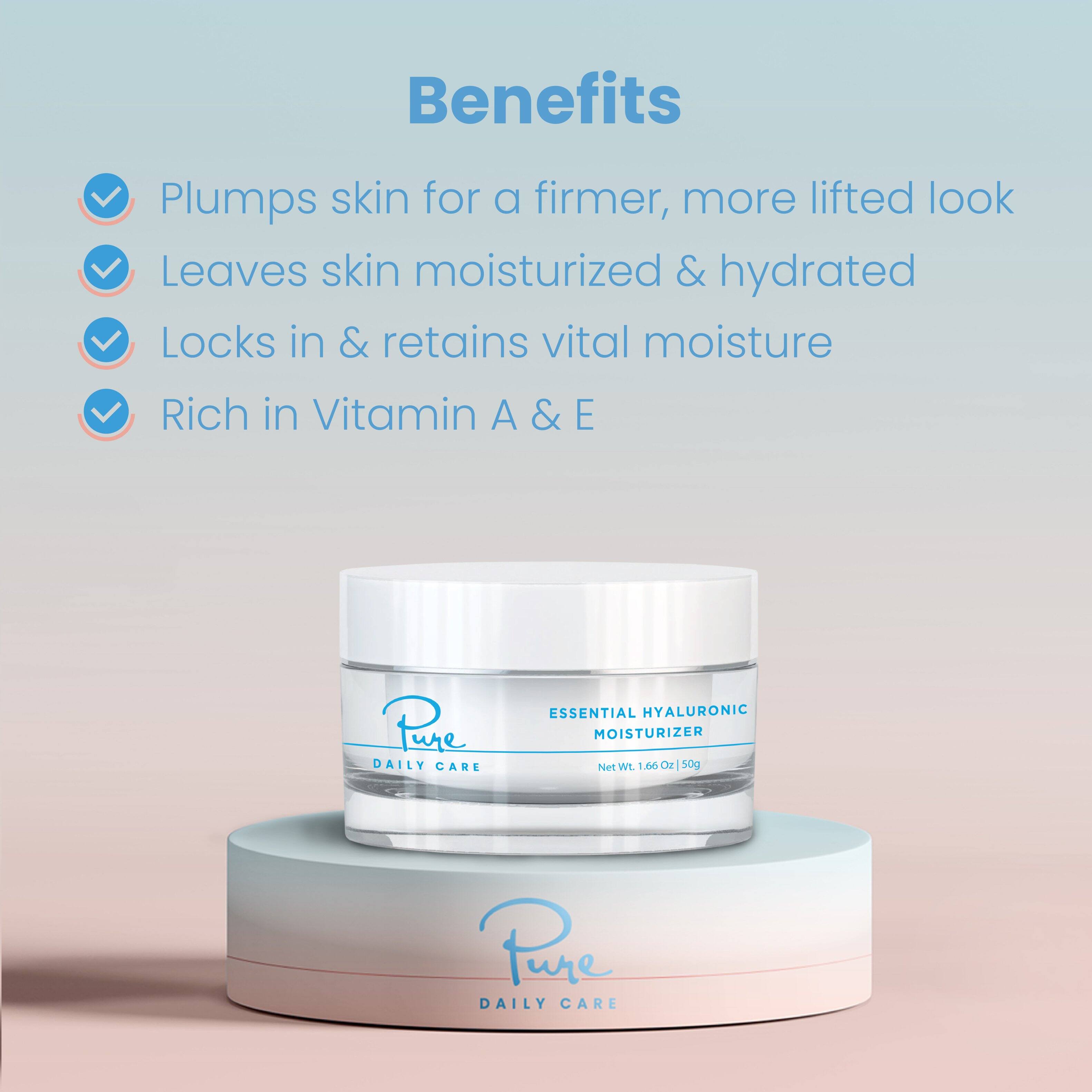 Benefits
- Plumps skin for a firmer, more lifted look
- Leaves skin moisturized & hydrated
- Locks in & retains vital moisture
- Rich in Vitamin A & E

Pare DAILY CARE
ESSENTIAL HYALURONIC MOISTURIZER
Net Wt. 1.66 Oz 50g