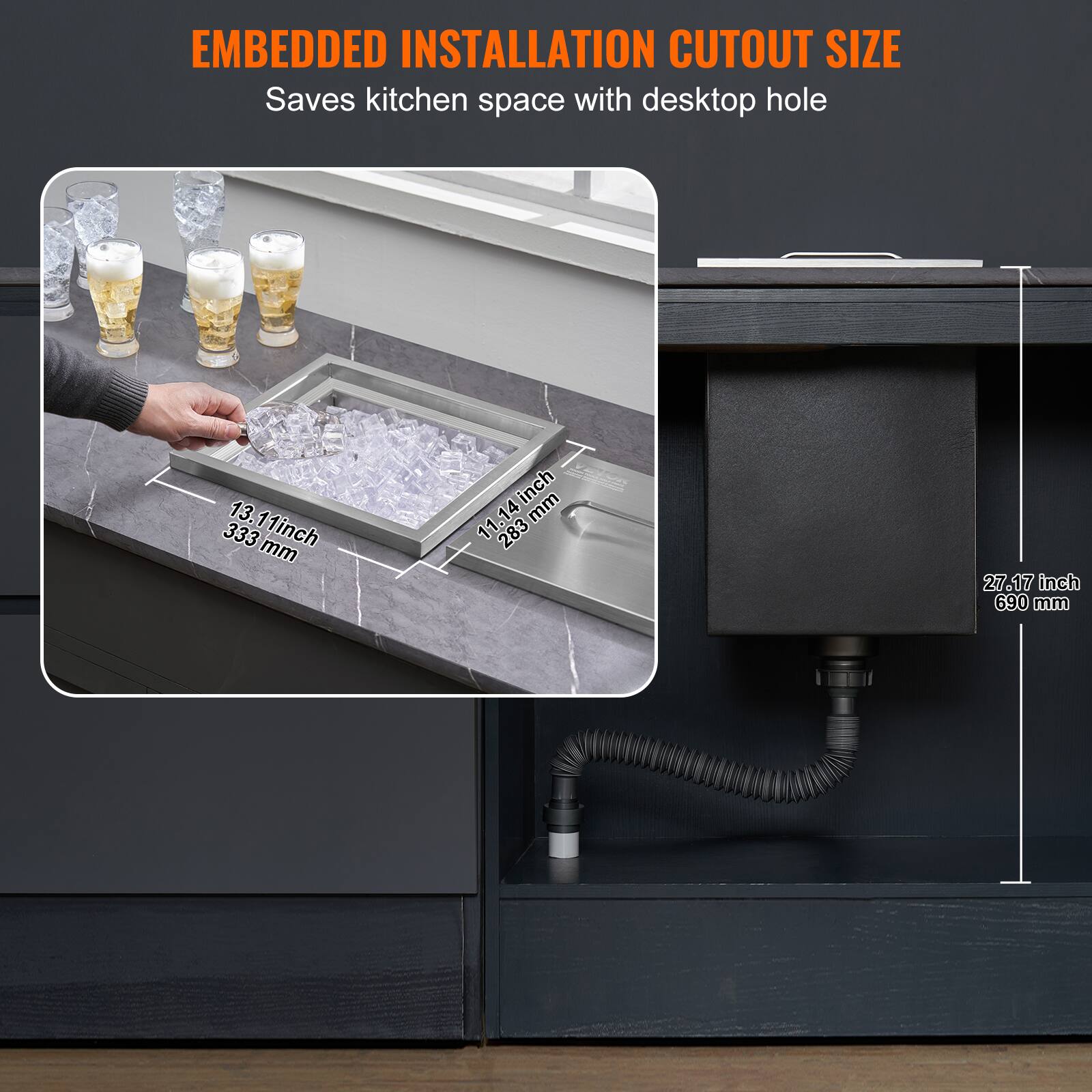 EMBEDDED INSTALLATION CUTOUT SIZE  
Saves kitchen space with desktop hole  

13.11 inch  
333 mm  

11.283 inch  
287 mm  

27.17 inch  
690 mm