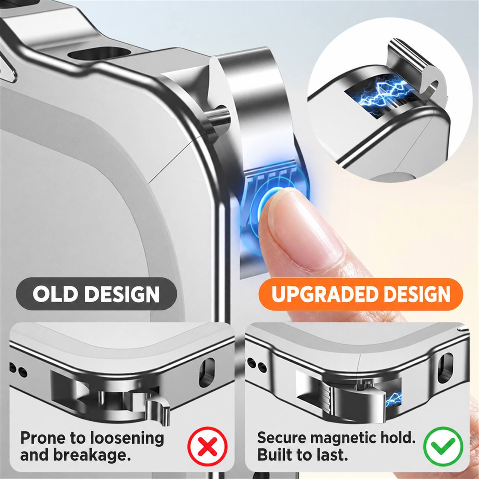 OLD DESIGN  
Prone to loosening and breakage.  
X  

UPGRADED DESIGN  
Secure magnetic hold. Built to last.  
✓
