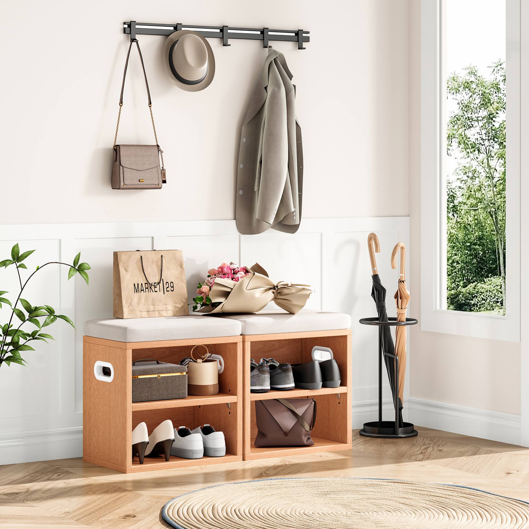 Alt View 4. GOODSILO - Compact Entryway Shoe Storage Bench with Removable Cushion for Seating and Organization - Beige+Oak.