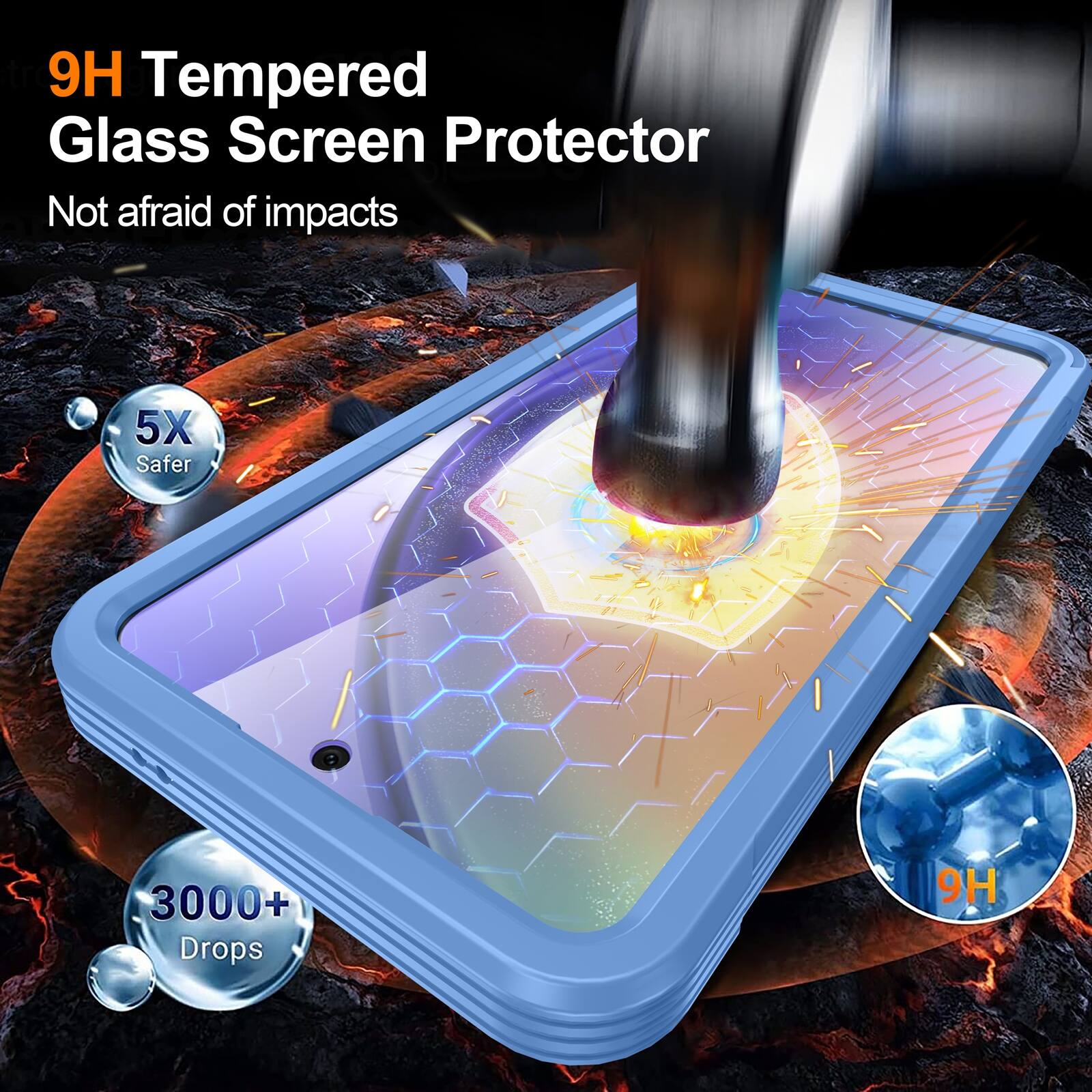 9H Tempered Glass Screen Protector  
Not afraid of impacts  
5X Safer  
3000+ Drops  
9H
