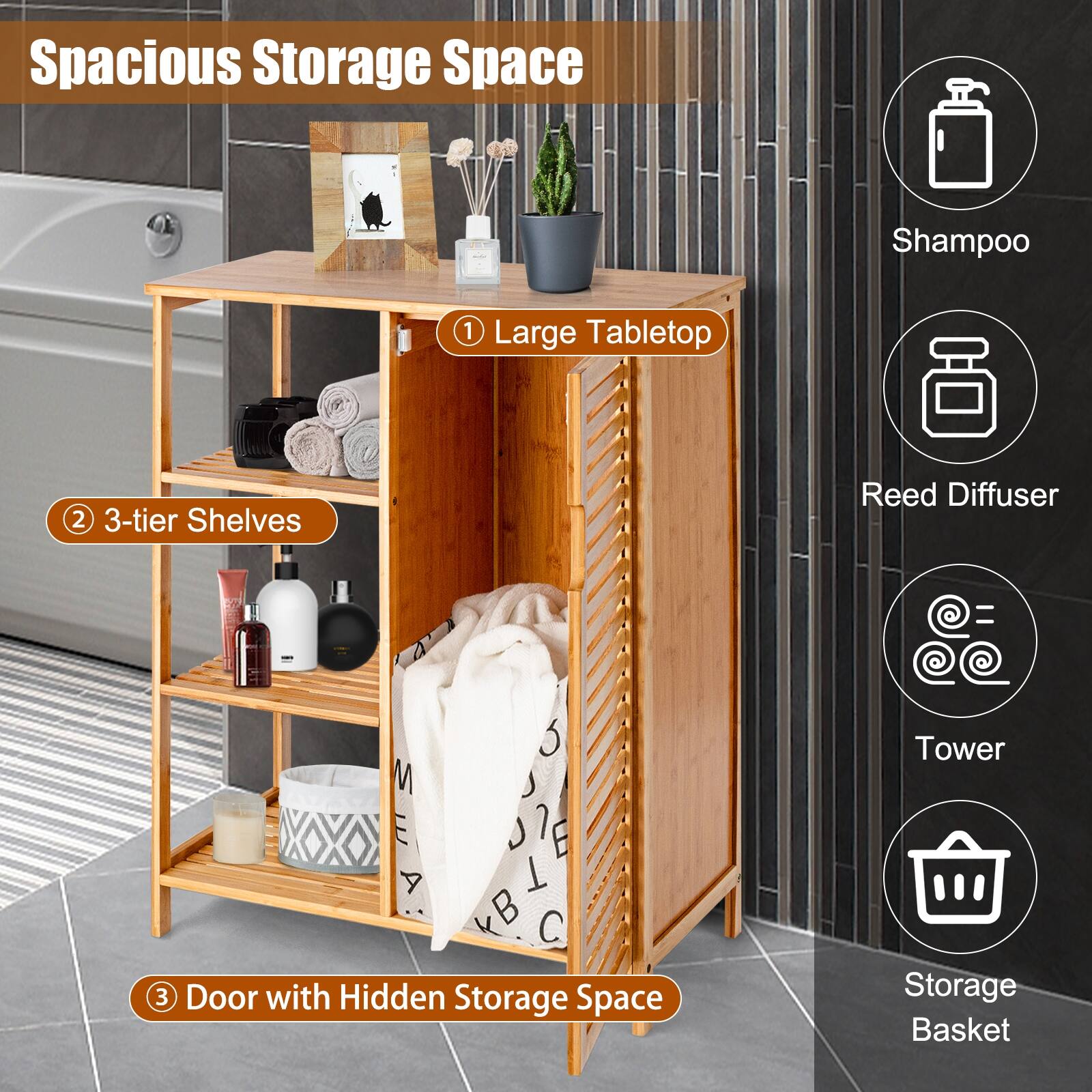 Spacious Storage Space
1. Large Tabletop
2. 3-tier Shelves
3. Door with Hidden Storage Space
Shampoo
Reed Diffuser
Tower
Storage Basket