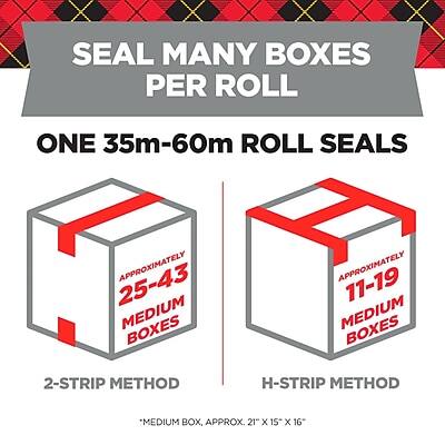 SEAL MANY BOXES PER ROLL

ONE 35m-60m ROLL SEALS

2-STRIP METHOD
APPROXIMATELY 25-43 MEDIUM BOXES

H-STRIP METHOD
APPROXIMATELY 11-19 MEDIUM BOXES

*MEDIUM BOX, APPROX. 21" x 15" x 16"