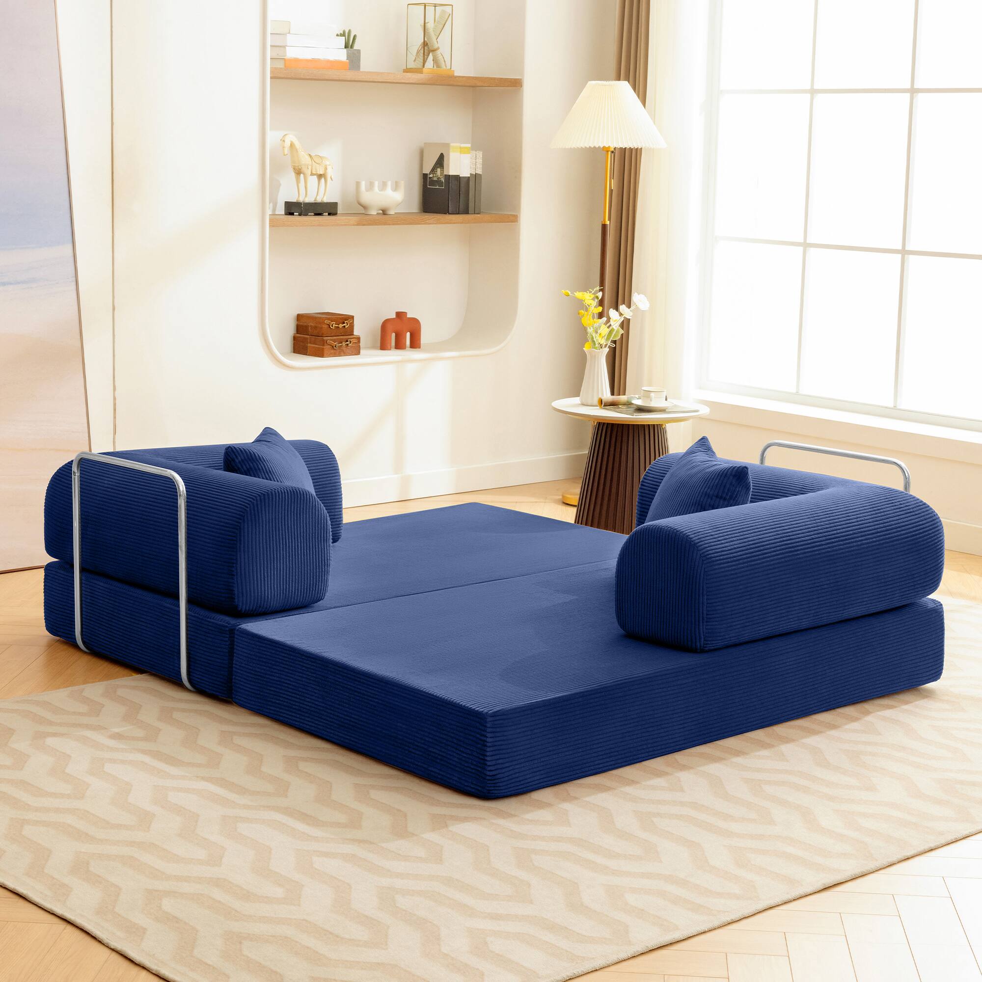 Left. Brick Attic - 4-in-1 Folding Convertible Floor Sofa Bed, 63 Inch Oversized Modern Fabric Boneless Couch for Living Room Bedroom Lounge - Navy Blue.