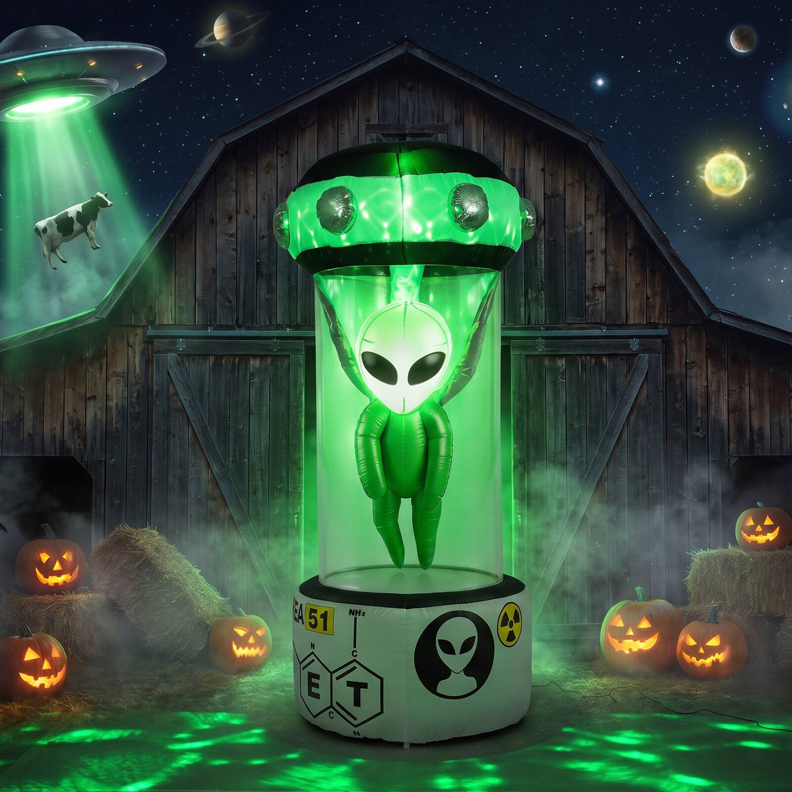 Front. Costway - Costway Halloween Blow Up Alien Outdoor Decorations with Rotating Flashing Green Lights - White + Green.