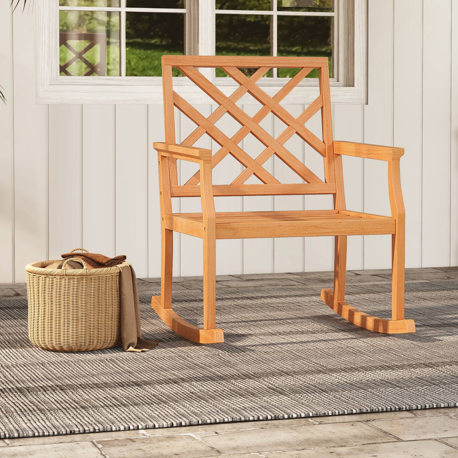 Alt View 4. Costway - Costway 1 PCS Teak Wood Rocking Chair with Backrest and Slatted Seat Backyard and Lawn - Natural.