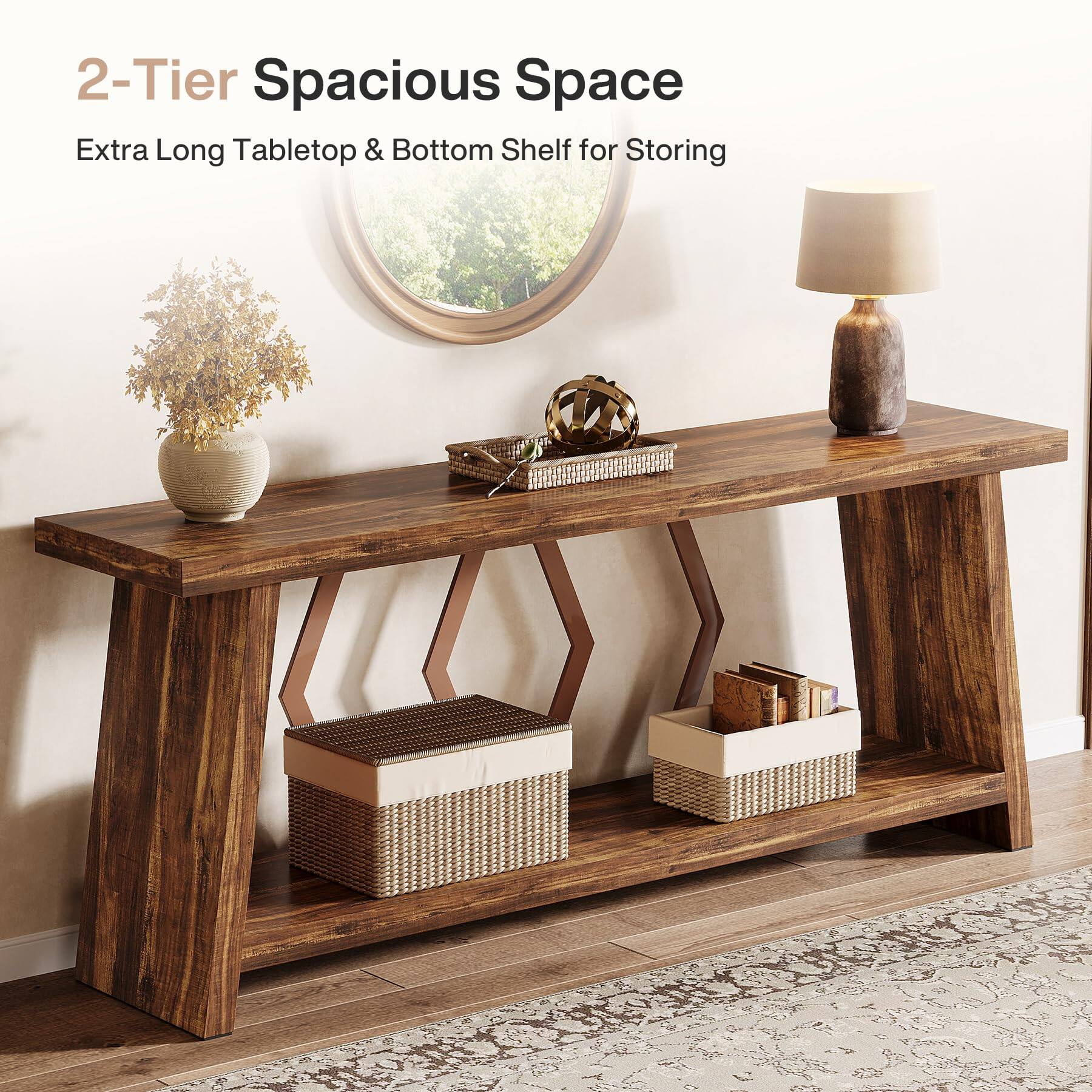2-Tier Spacious Space  
Extra Long Tabletop & Bottom Shelf for Storing