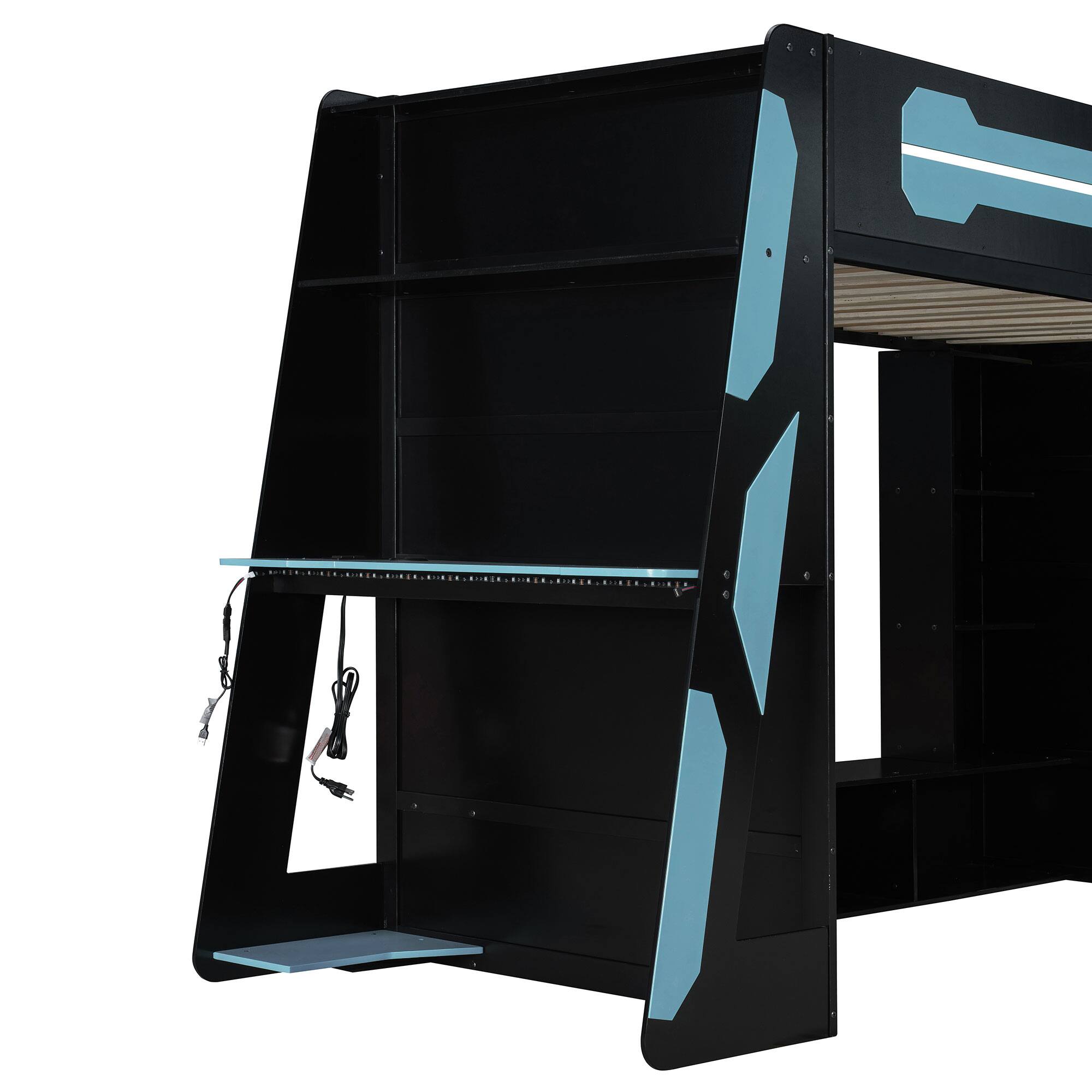 Alt View 5. Anysun - Twin Size Wood Loft Bed with Desk, Multi-storage Shelves and RGB Light - Blue.