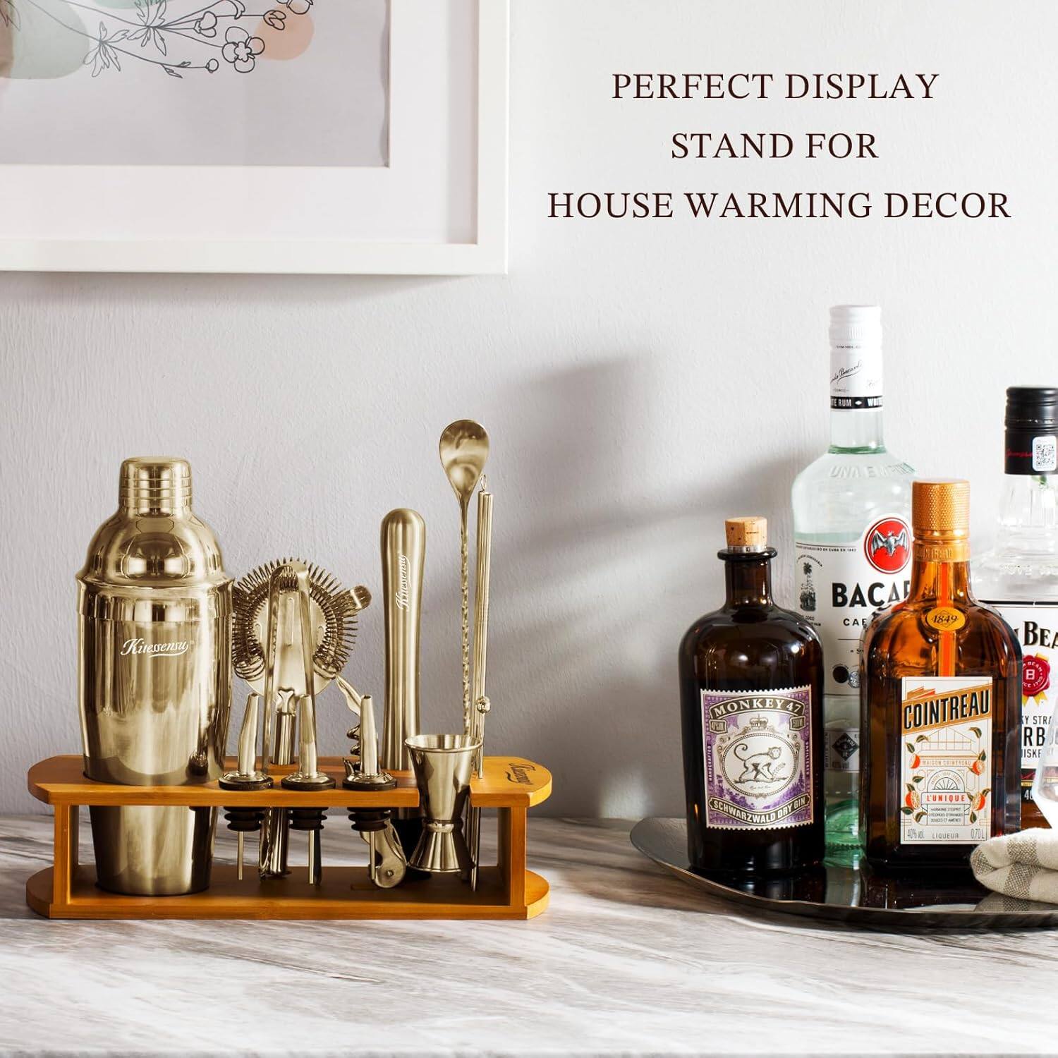 PERFECT DISPLAY STAND FOR HOUSE WARMING DECOR

UNA Kinessensy  
BACA CAL 19 BEA  
MONKEY 47 COINTREAU