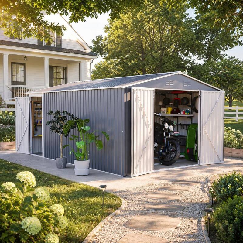 Angle. RYHNUYNE - 10x14 Ft Metal Shed Triple Lockable Doors Side Entry 4 Vents Weatherproof Light Gray - Gray.