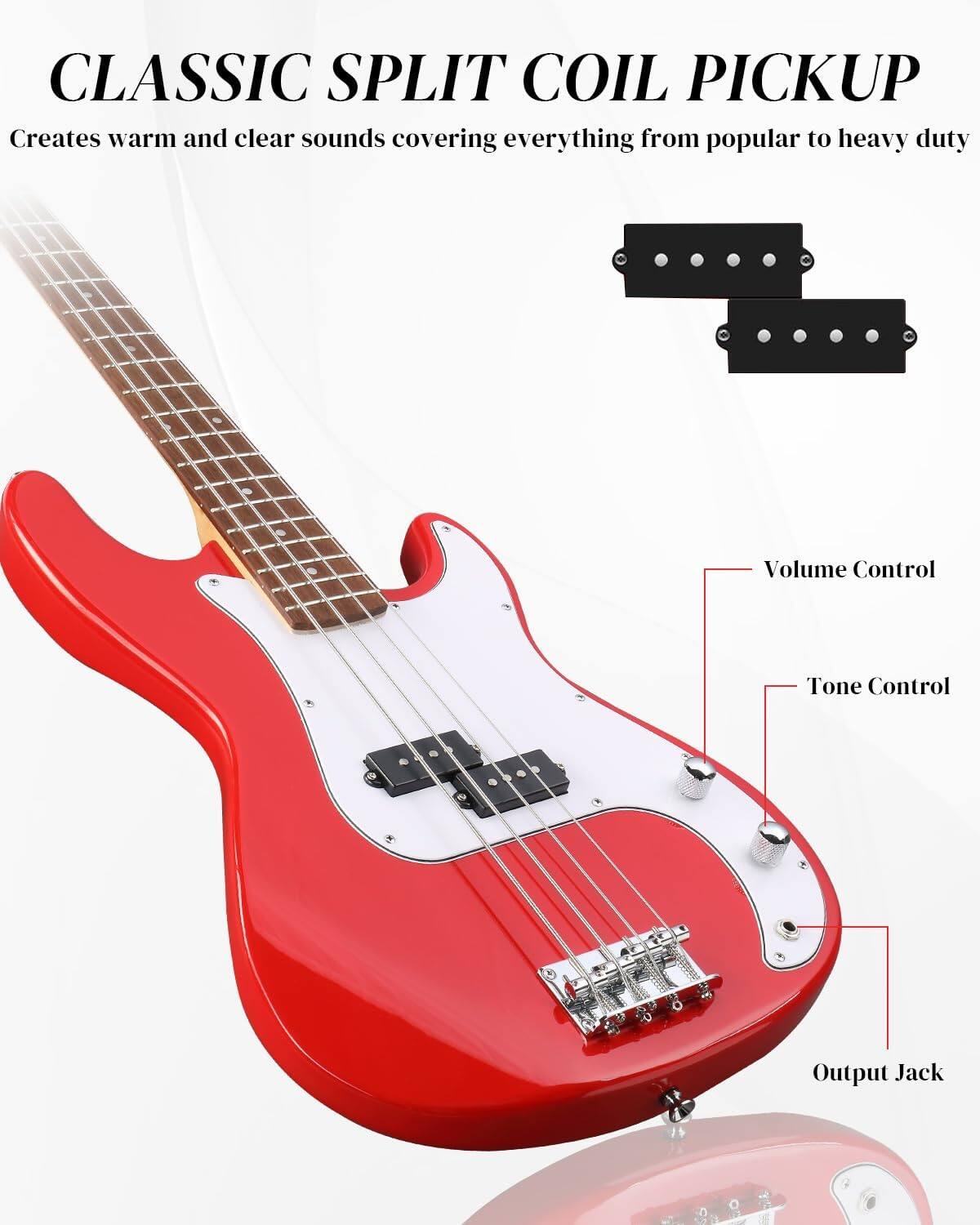 CLASSIC SPLIT COIL PICKUP  
Creates warm and clear sounds covering everything from popular to heavy duty  

- Volume Control  
- Tone Control  
- Output Jack