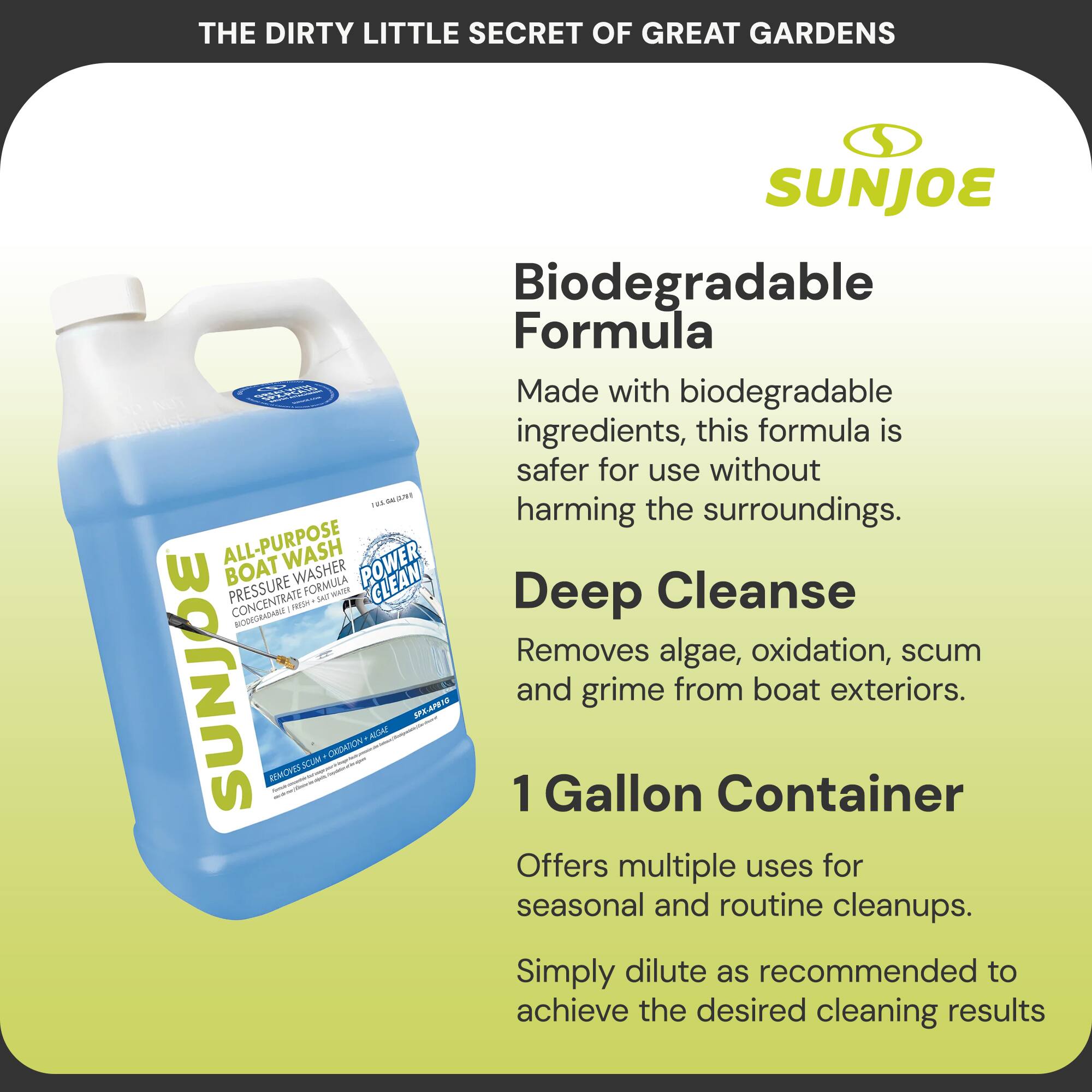 THE DIRTY LITTLE SECRET OF GREAT GARDENS

SUNJOE

Biodegradable Formula
Made with biodegradable ingredients, this formula is safer for use without harming the surroundings.

Deep Cleanse
Removes algae, oxidation, scum and grime from boat exteriors.

1 Gallon Container
Offers multiple uses for seasonal and routine cleanups.
Simply dilute as recommended to achieve the desired cleaning results