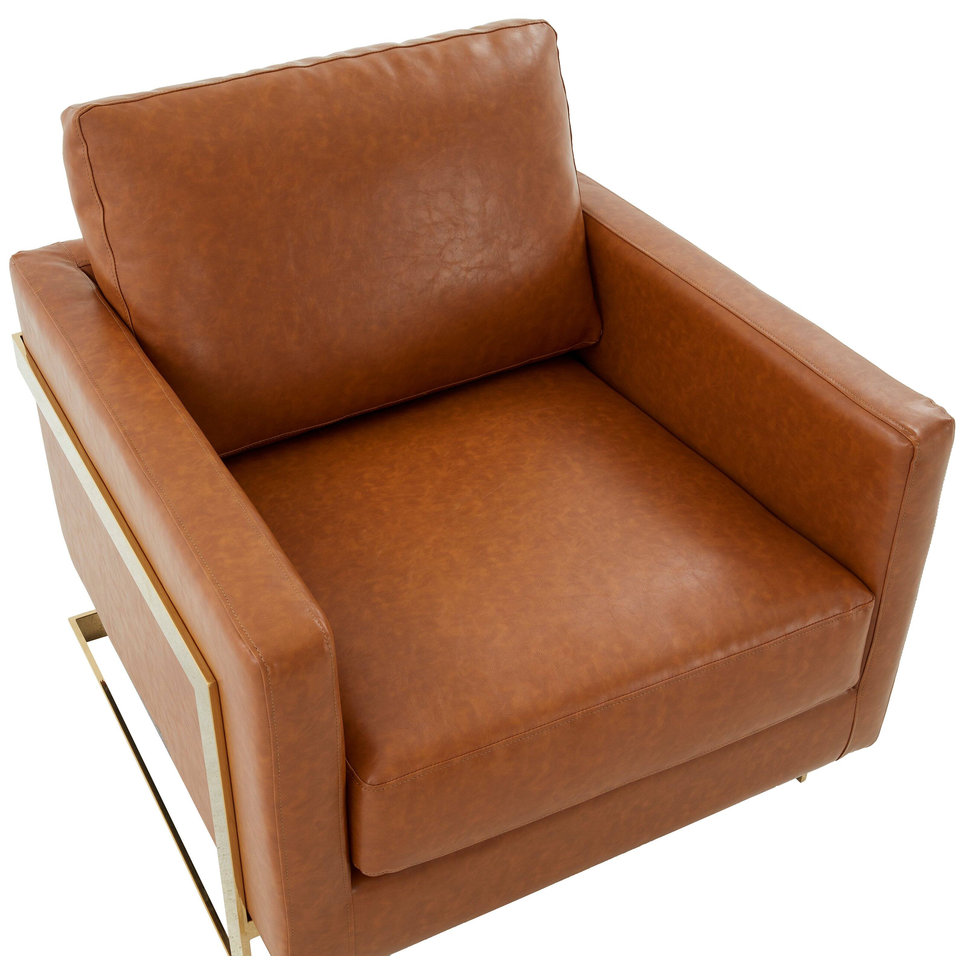 Alt View 2. LeisureMod - Lincoln Modern Leather Accent Chair, Gold Stainless Steel Base Armchair - Fully Assembled - Cognac Tan.