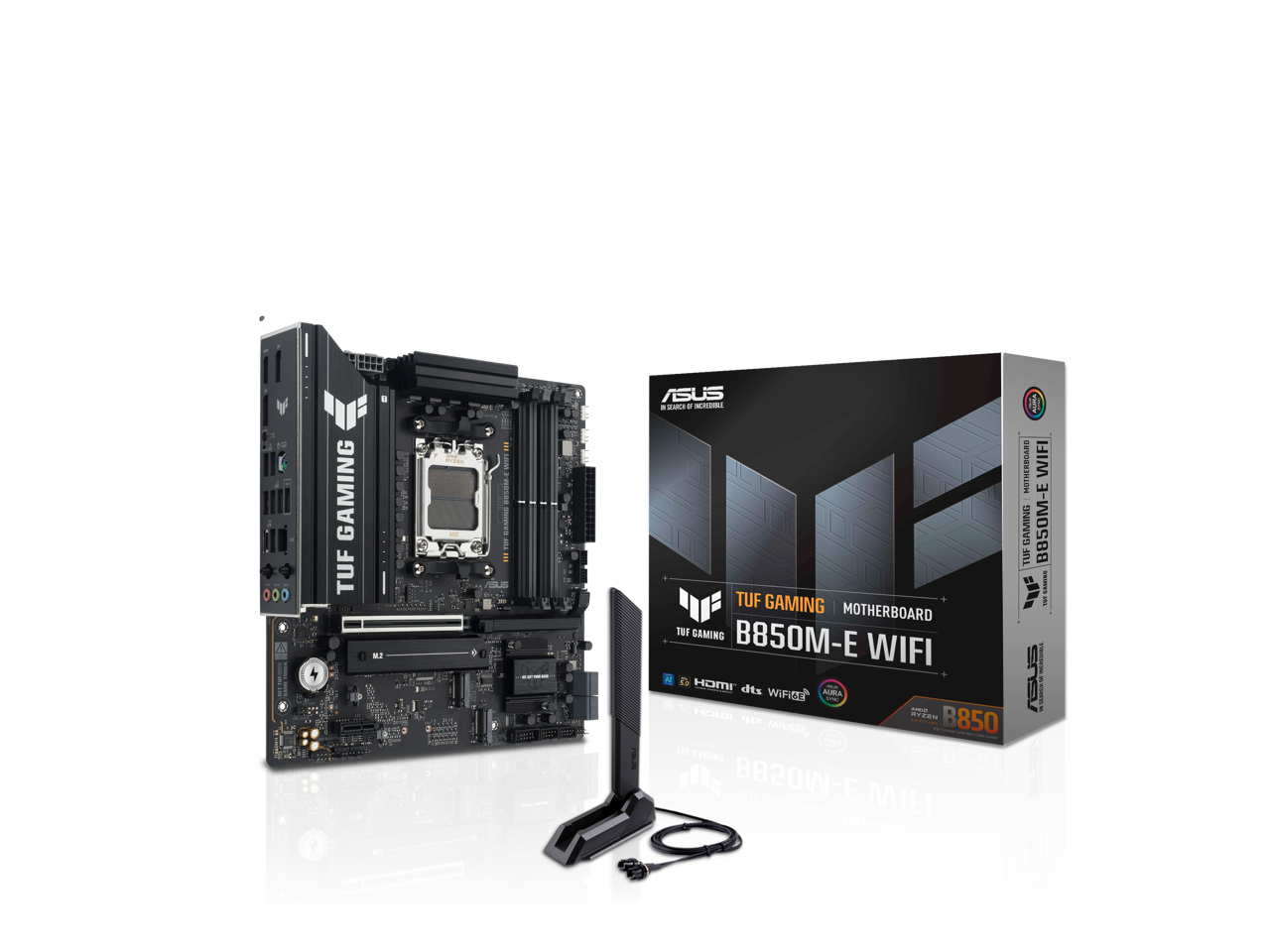 ASUS TUF Gaming B850M-E Motherboard  
- TUF Gaming  
- B850M-E  
- WiFi  
- AURA  
- HDMI  
- DTS  
- WiFi 6  
- PCIe 5.0  
- DDR5