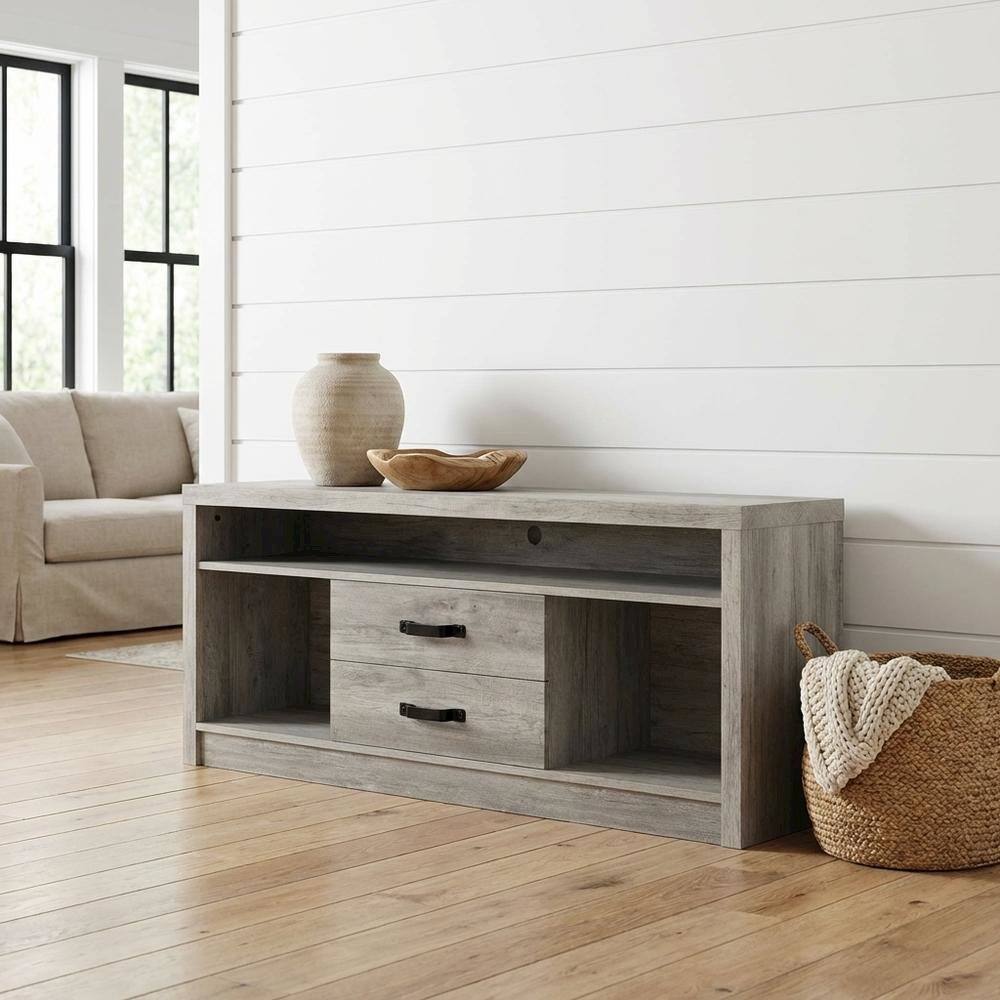 Alt View 1. FurniFact - Engineered wood TV stand, two drawers in grey driftwood finish, transitional - Green.