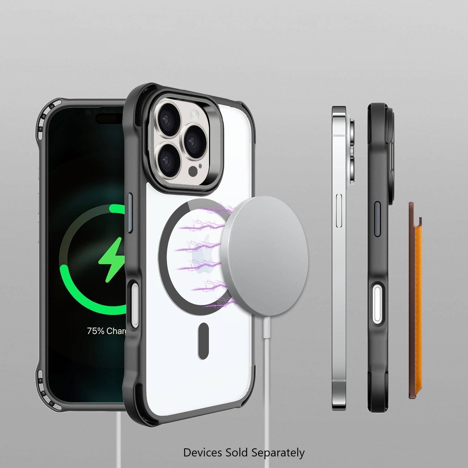 The image shows a white cell phone with a case on it, and it is displayed next to a black cell phone. The white cell phone is also shown with a case on it. The image is advertising a phone case, and the text "75% Char Devices Sold Separately" is displayed at the bottom of the image.