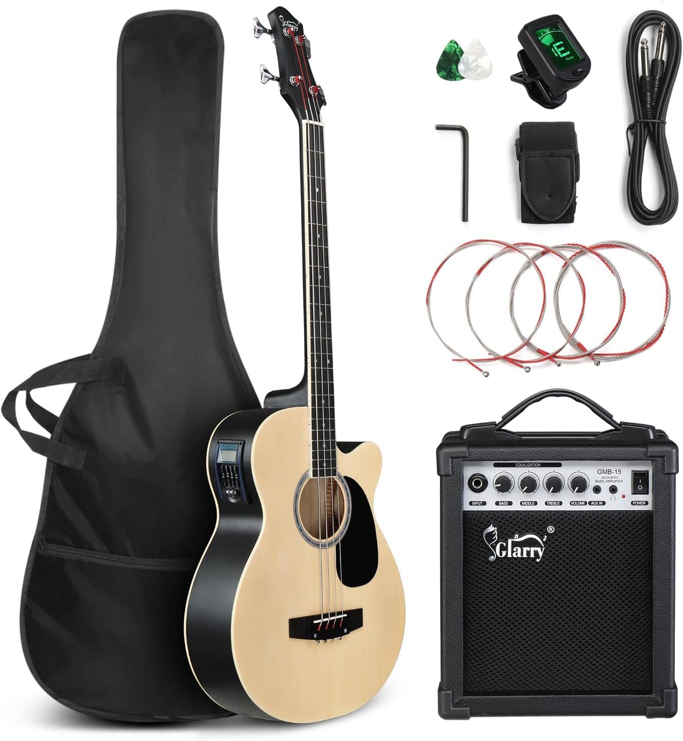 Winado - Full Size Acoustic Electric Bass Guitar Beginner Kit w/ 15W Amp,Cutaway 4 Strings Electric Acoustic Bass Guitar