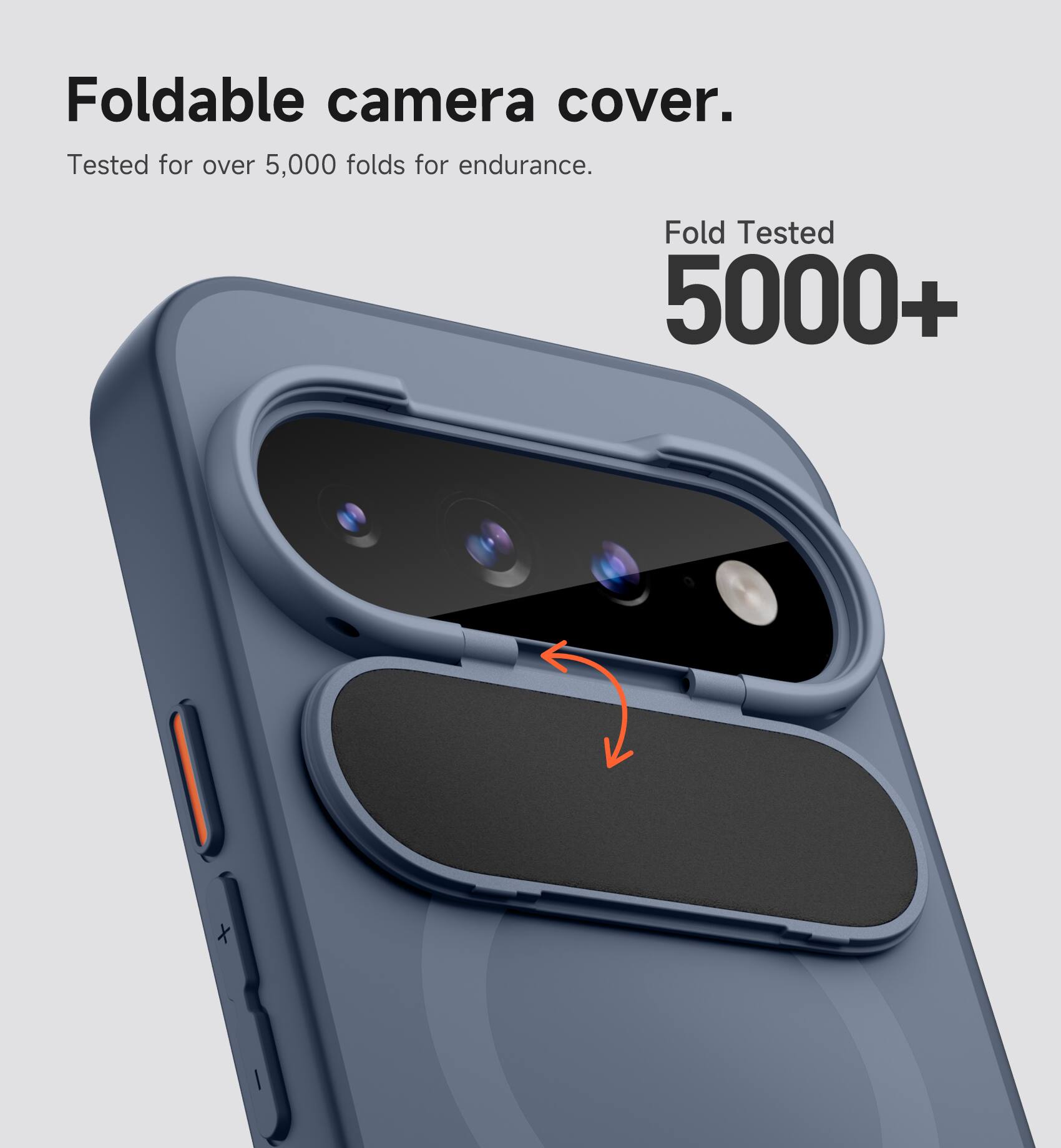 Foldable camera cover.  
Tested for over 5,000 folds for endurance.  
Fold Tested 5000+