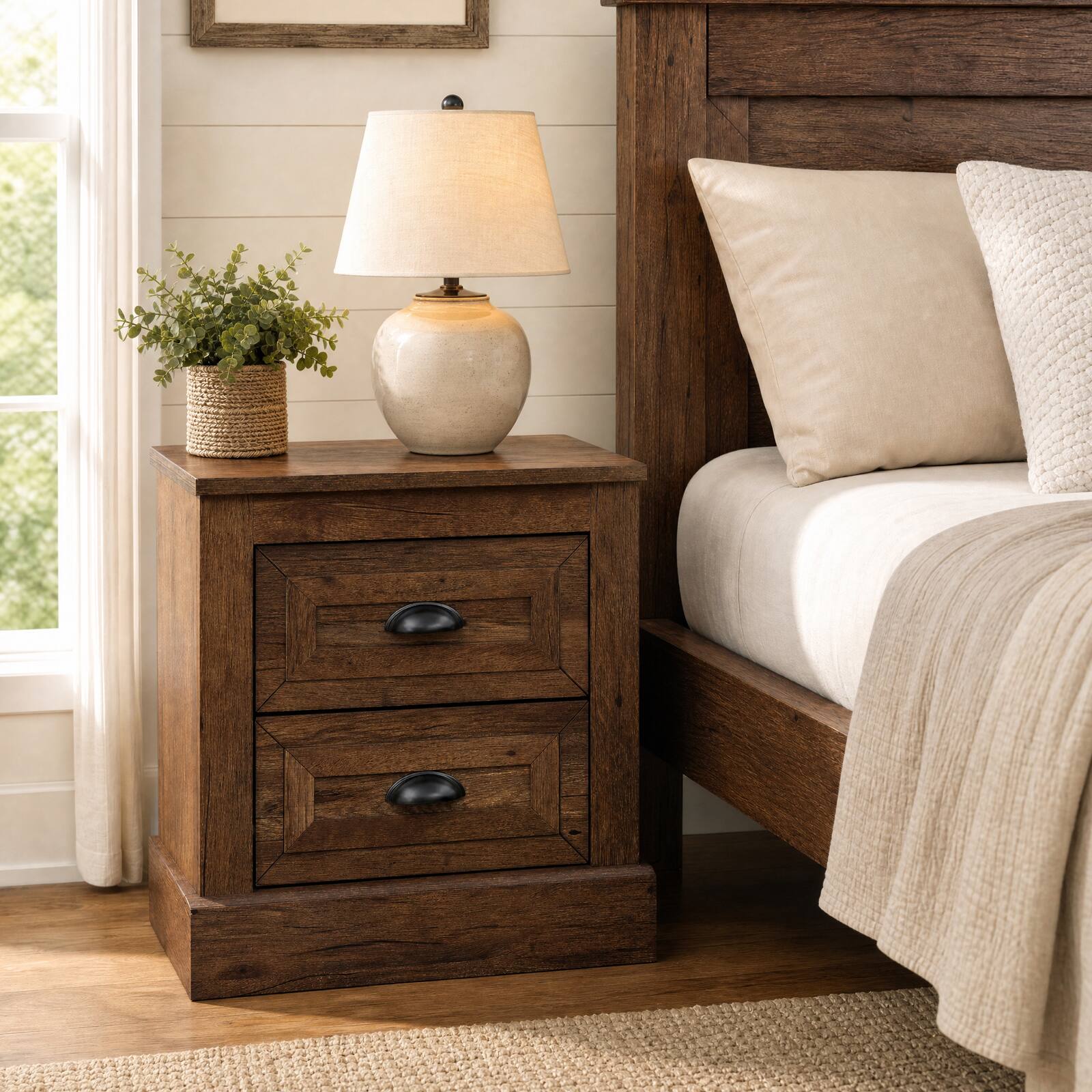 Gymax Farmhouse Nightstand w/ 2 Large Drawers and Metal Handles ...