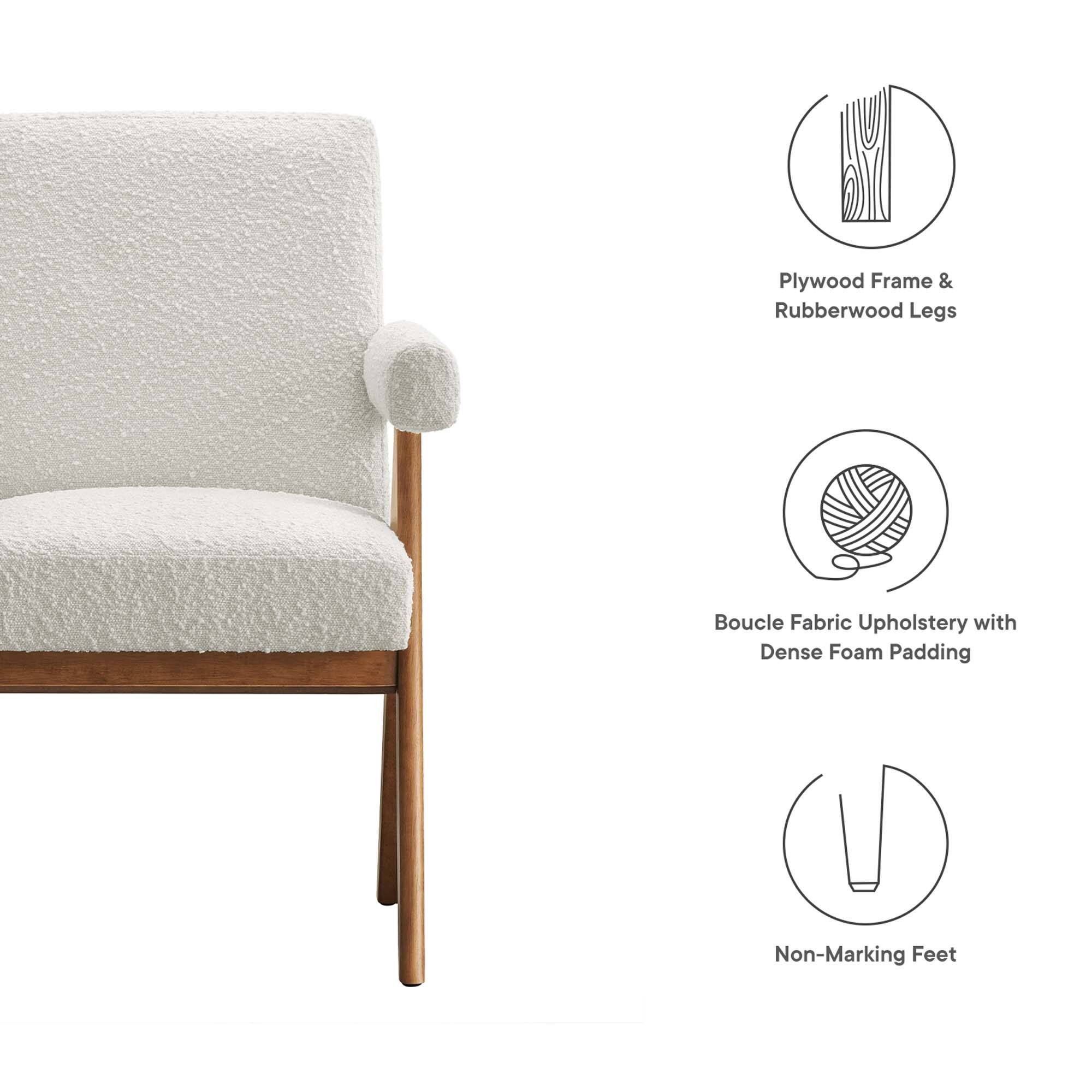 - Plywood Frame & Rubberwood Legs
- Boucle Fabric Upholstery with Dense Foam Padding
- Non-Marking Feet