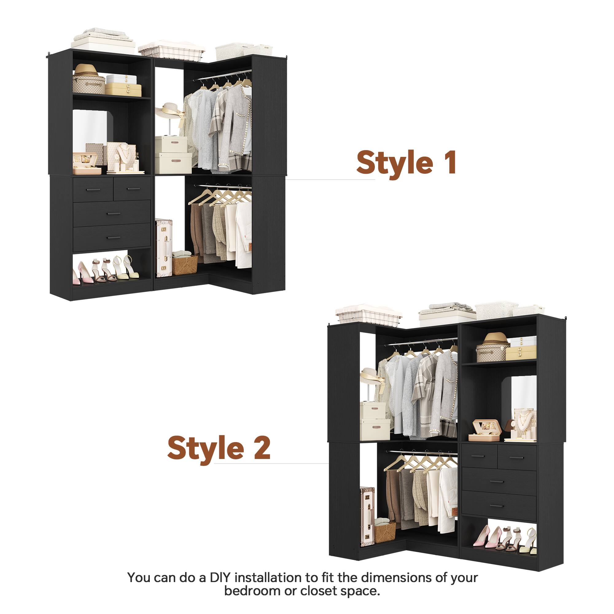 Style 1

Style 2

You can do a DIY installation to fit the dimensions of your bedroom or closet space.