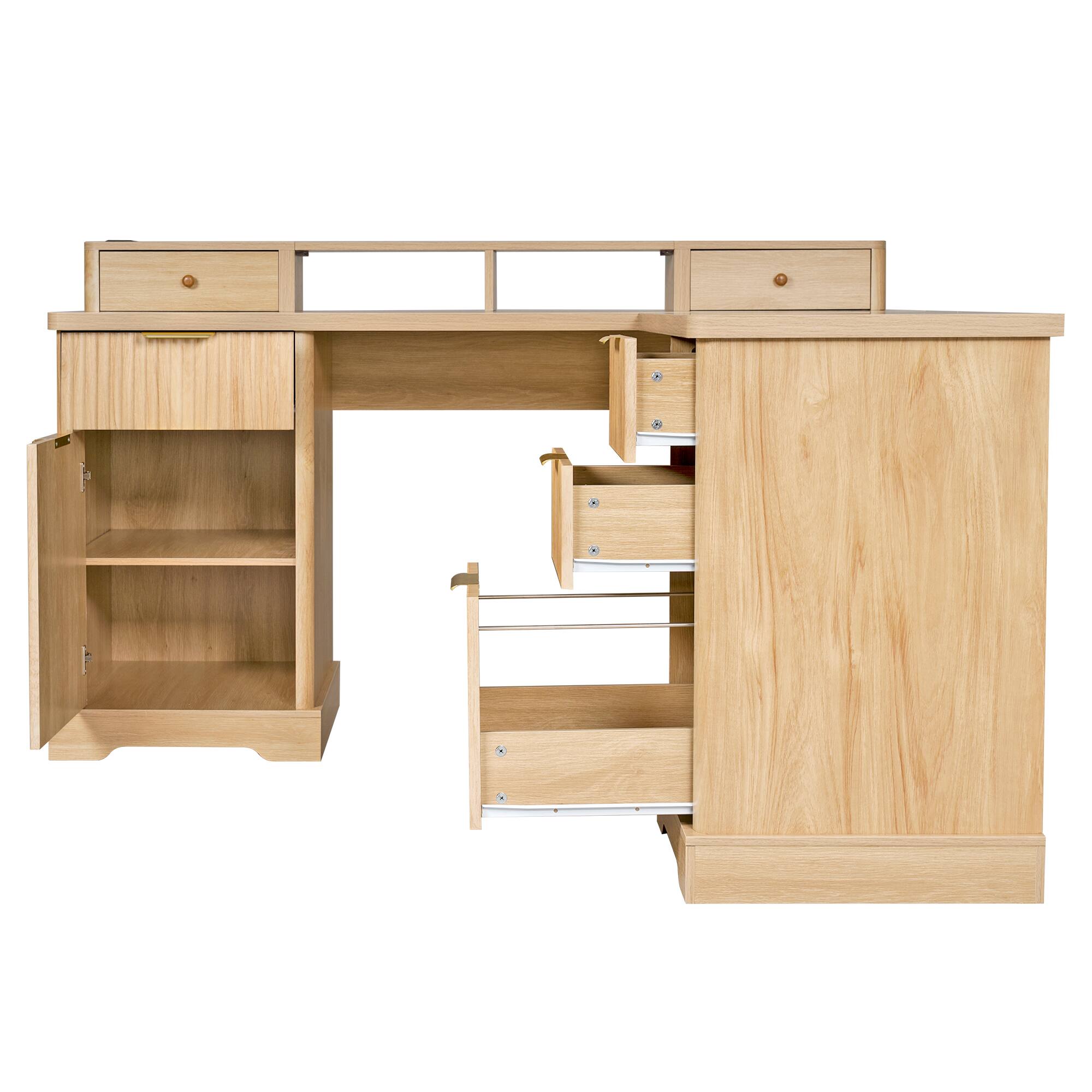 Alt View 10. Loheer - Loheer L Shaped Desk with Charging Station, Modern Fluted Oak Home Office Desk with File Drawer and Cabinet - Light Oak.