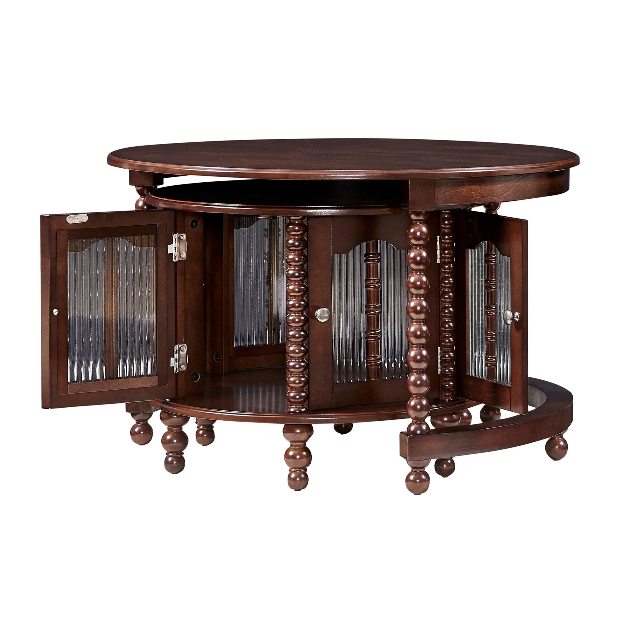 Alt View 10. GOODSILO - Vintage Round Nesting Coffee Table with Bamboo-Shaped Glass Doors and Retro Beaded Legs - Walnut.