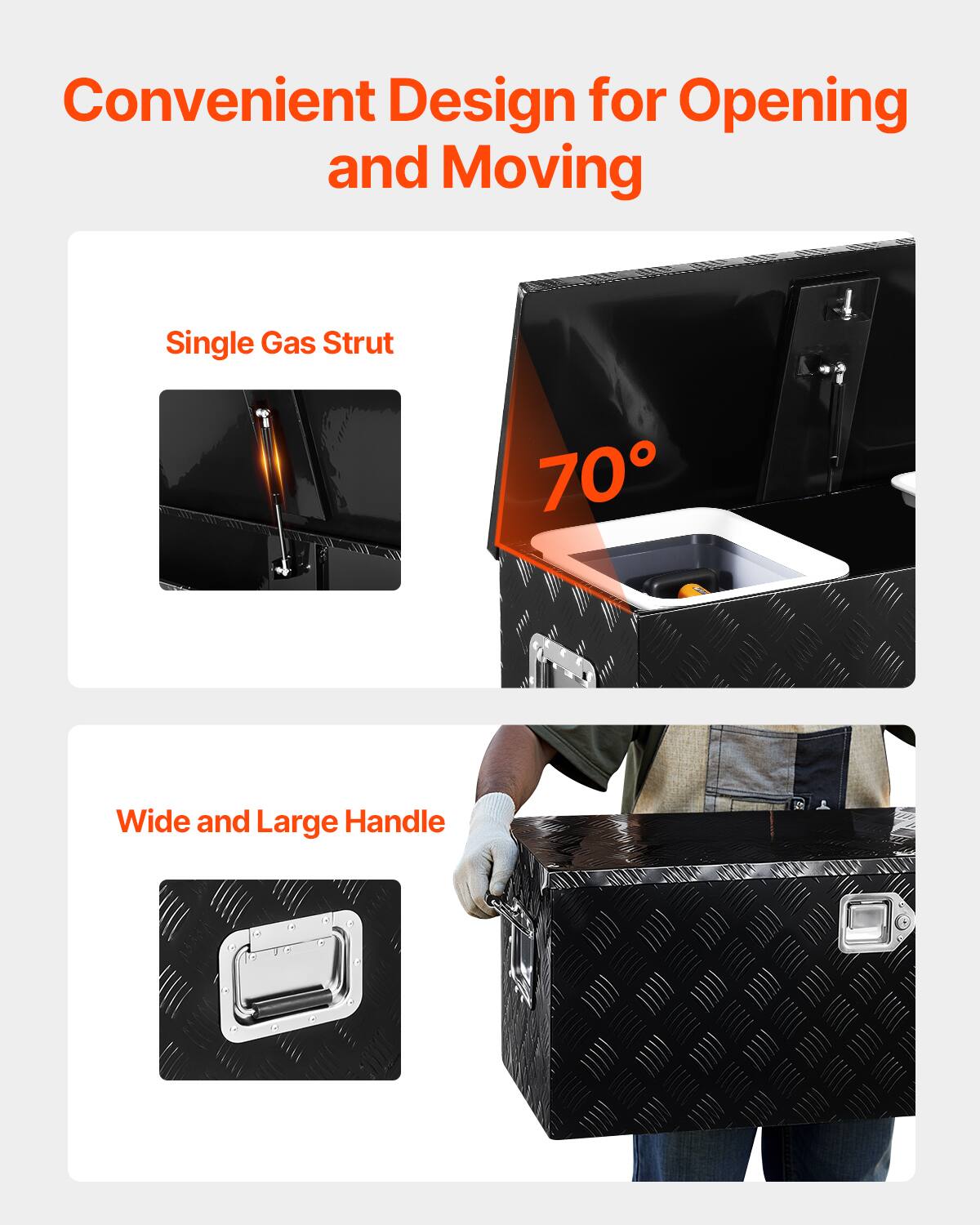 Convenient Design for Opening and Moving

Single Gas Strut

Wide and Large Handle