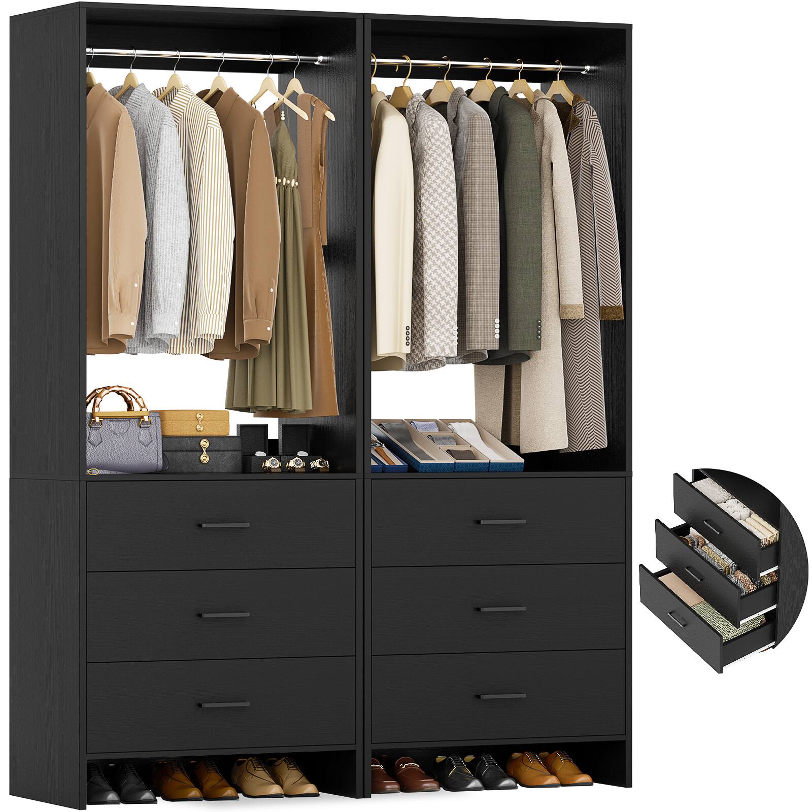 Back. Aheaplus - 4FT Closet Organizer with Hanging Rods and Drawers, Clothes Rack for Small Space, Set of 2 - Black.