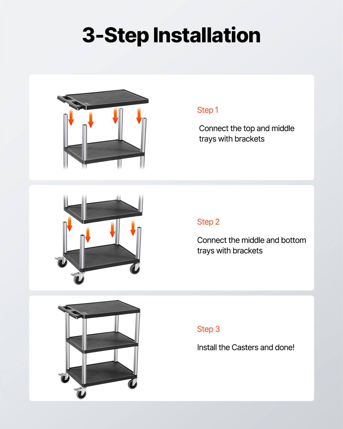 3-Step Installation
Step 1 Connect the top and middle trays with brackets
Step 2 Connect the middle and bottom trays with brackets
Step 3 Install the Casters and done!