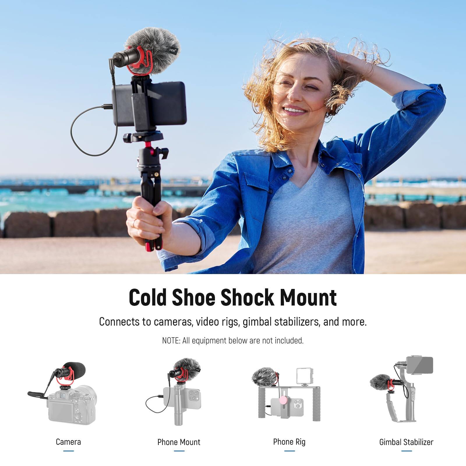 Cold Shoe Shock Mount Connects to cameras, video rigs, gimbal stabilizers, and more.  
NOTE: All equipment below are not included.  

- Camera  
- Phone Mount  
- Phone Rig  
- Gimbal Stabilizer