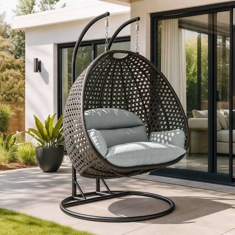 Angle. LeisureMod - Leisuremod Outdoor 2-Person Charcoal Wicker Egg Swing Chair with Steel Stand, Washable Cushions & Waterproof Cover - Light Grey.