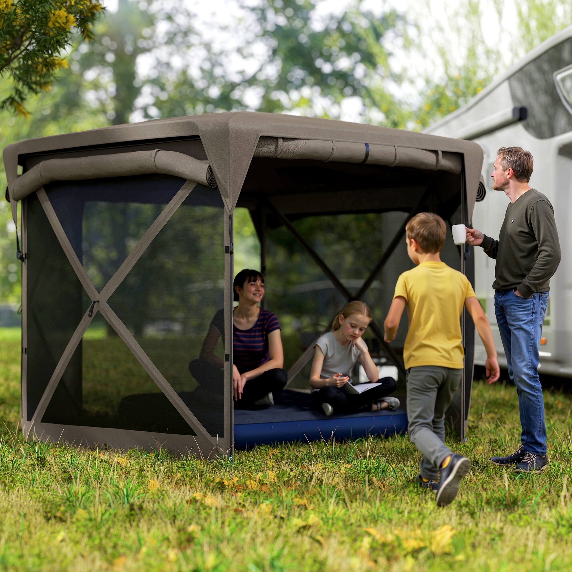 Angle. Outsunny - Pop Up Gazebo Screen Tent House, 11 x 11ft with UPF30+ Removable Roof Cover, 4 Roll-up Wind Panels and Carry Bag - Brown.