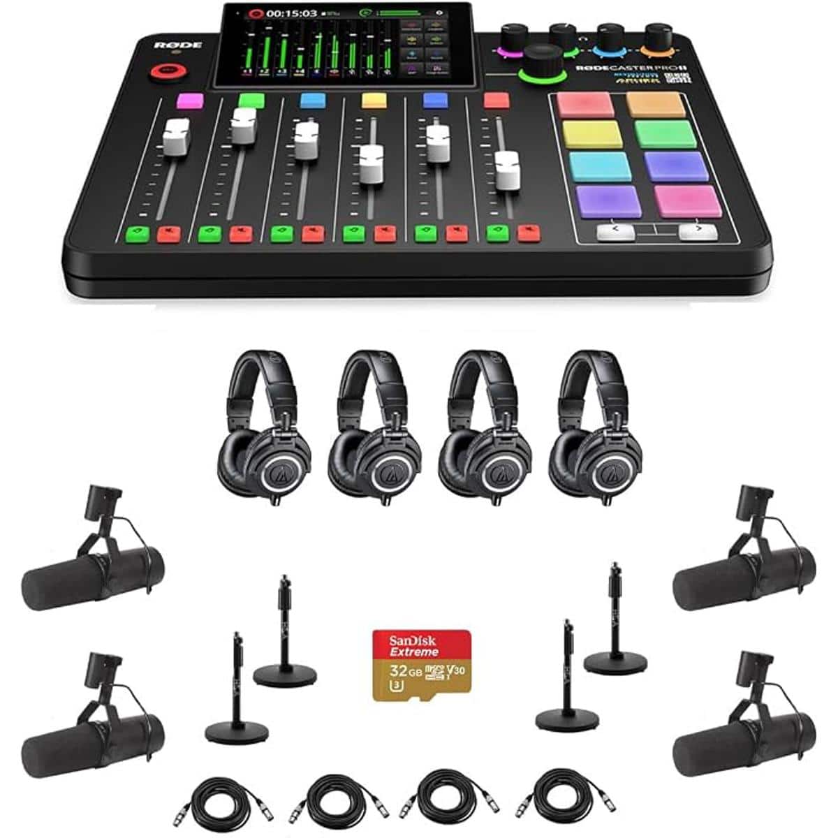 RØDE - Rode RODECaster Pro II Integrated Audio Production Studio Console Bundle with 4x SM7B Mic, 4x ATH-M50x Headphones, 4x