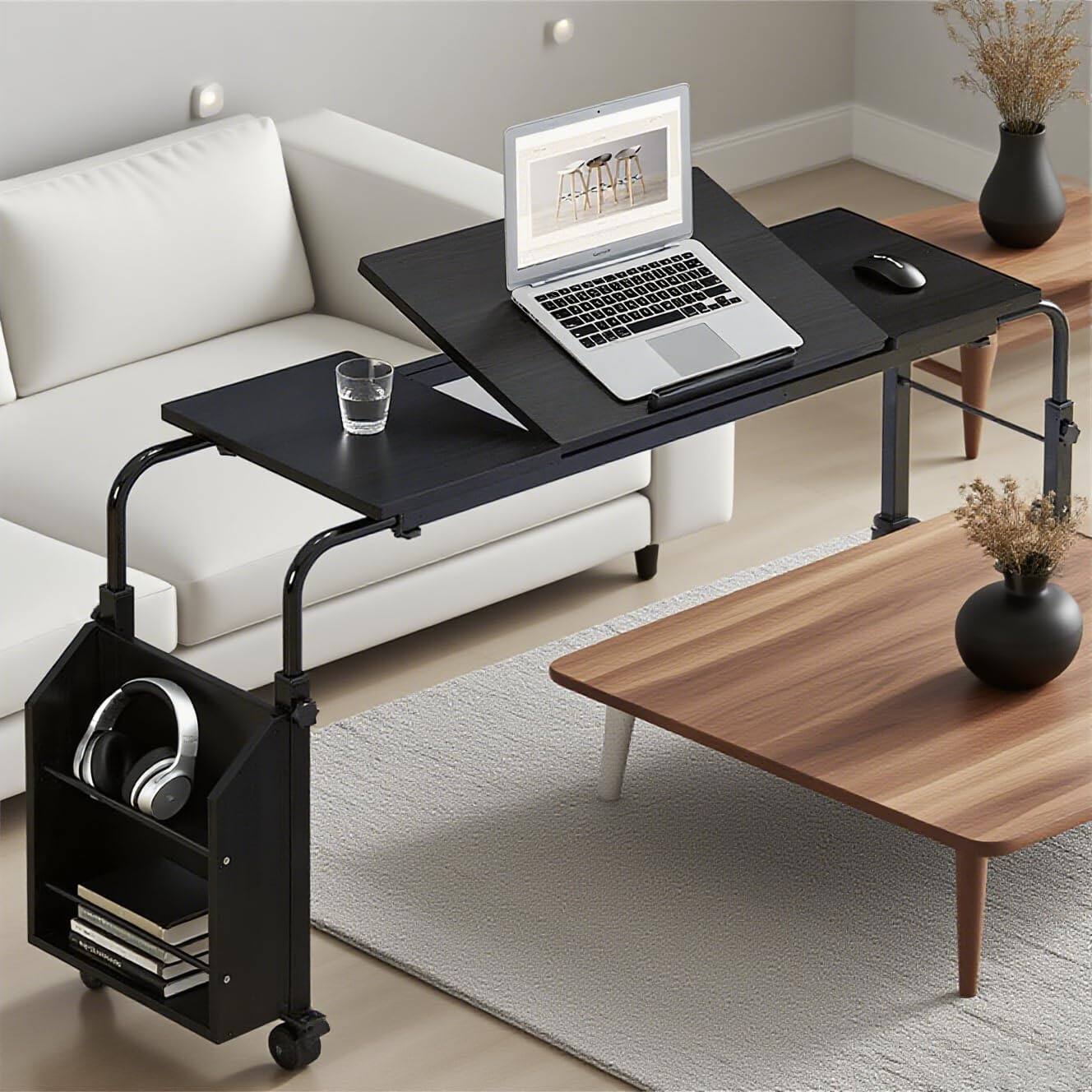 Alt View 1. Homhougo - Mobile Laptop Desk - Portable Adjustable Height Cart Table with Wheels for Home Office Workstation - Black 120cm.
