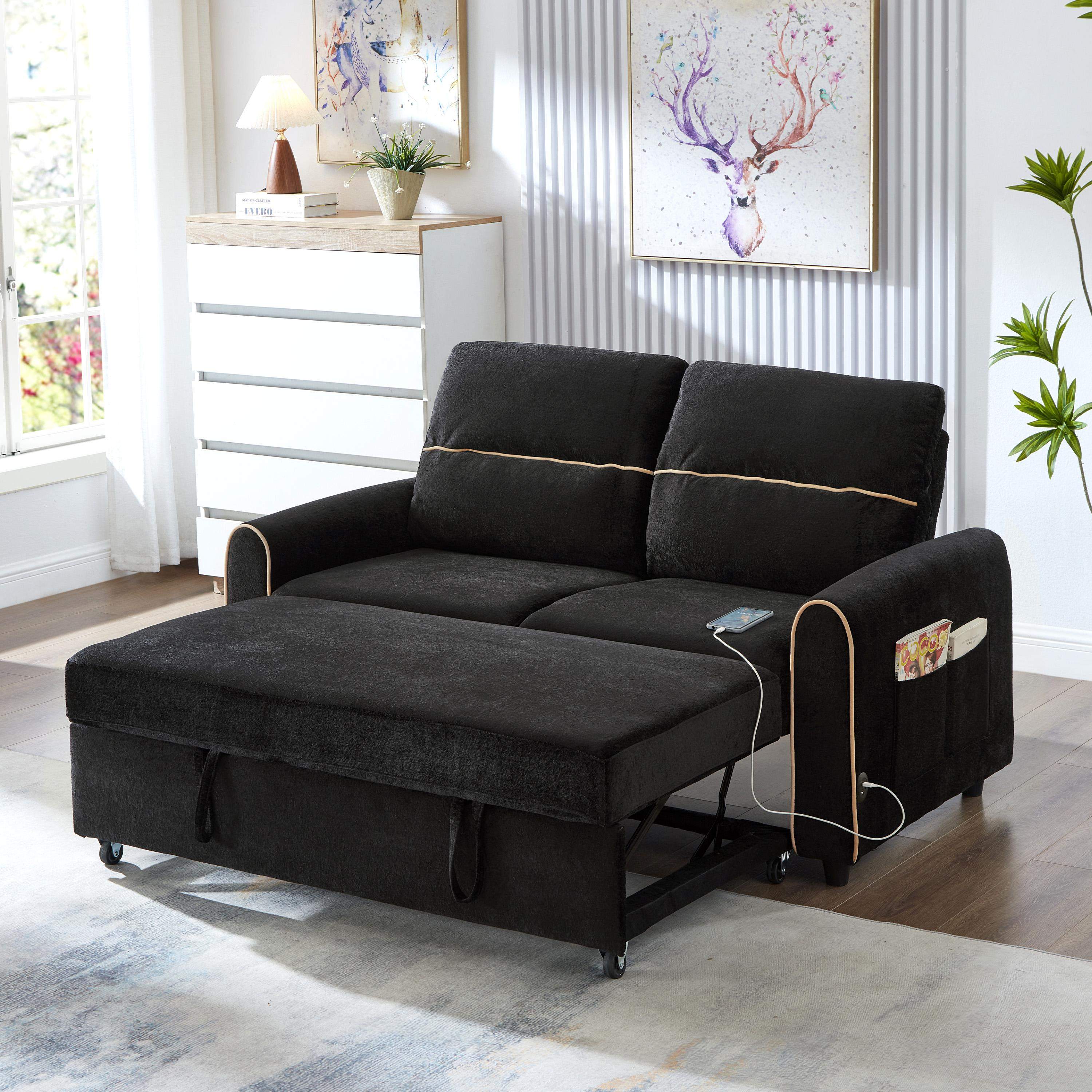 Alt View 1. Roomtec - Chenille Pull Out Sofa Bed 58inch Sofa Bed Sleeper Sofa Loveseat Sofa with Adjustable 3 Position Backrest 4 Side - Black.