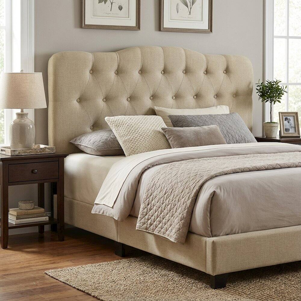 Left. FurniFact - Upholstered Queen Fabric Headboard with Soft Padding and Durable Frame - Beige.