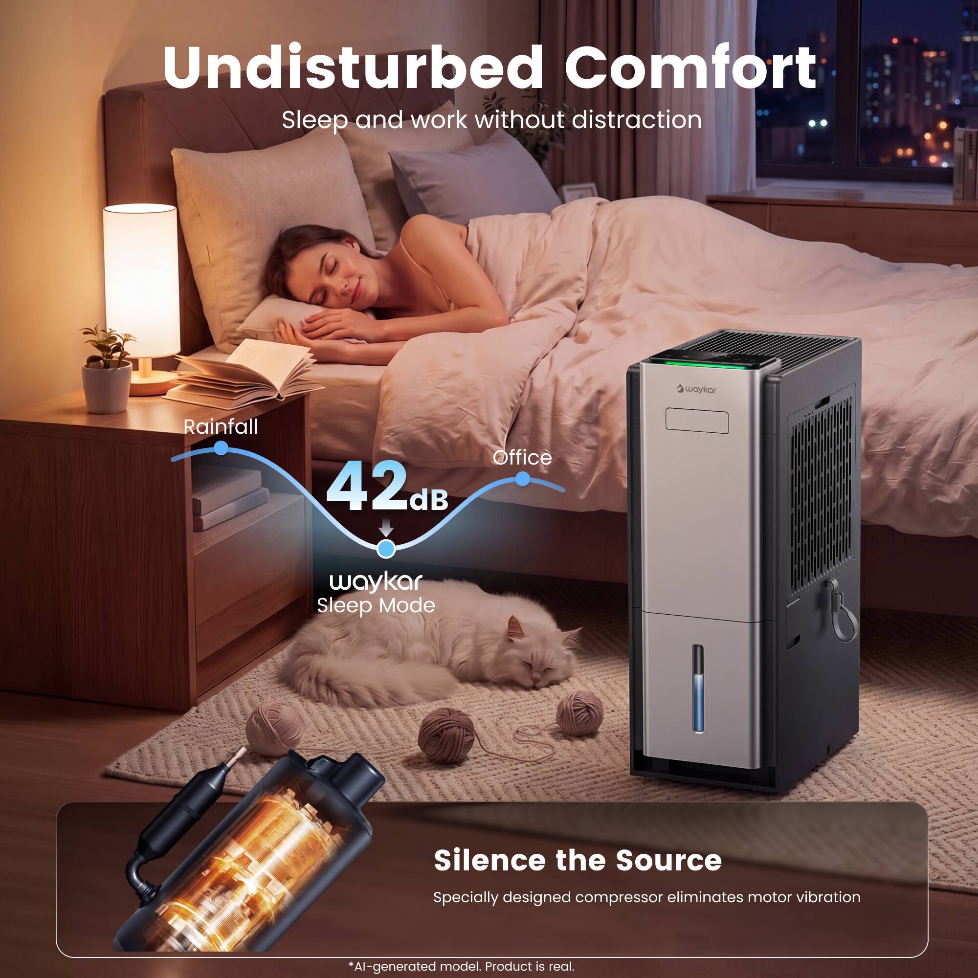 Undisturbed Comfort  
Sleep and work without distraction  

Rainfall  
42dB  
waykar Sleep Mode  

Silence the Source  
Specially designed compressor eliminates motor vibration  

*AI-generated model. Product is real.