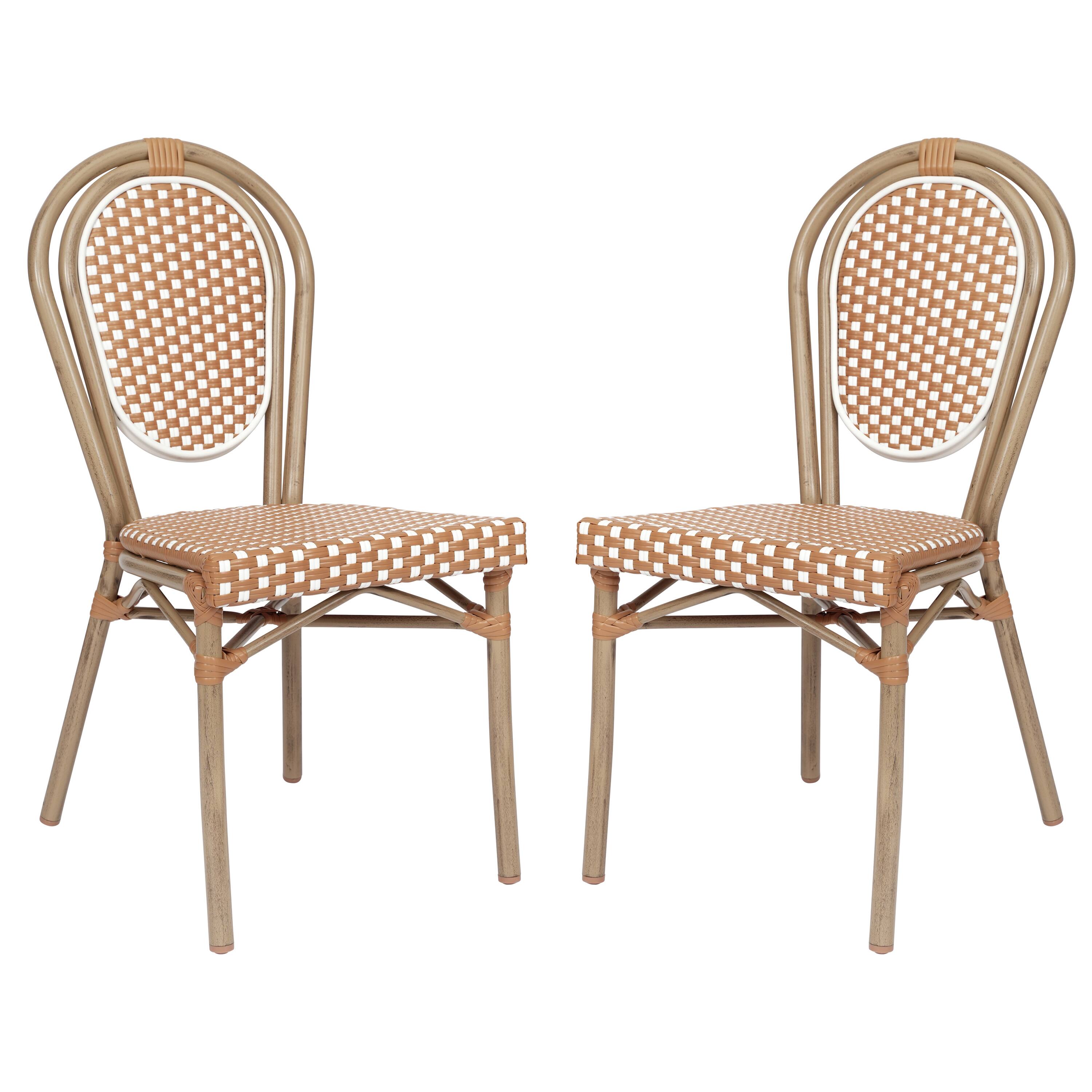 Front. Emma + Oliver - Colmar Set of Two Indoor/Outdoor Stacking Thonet Bistro Style Chairs with PE Rattan Seat and Finished Metal Frame - Natural & White/Light Natural Frame.