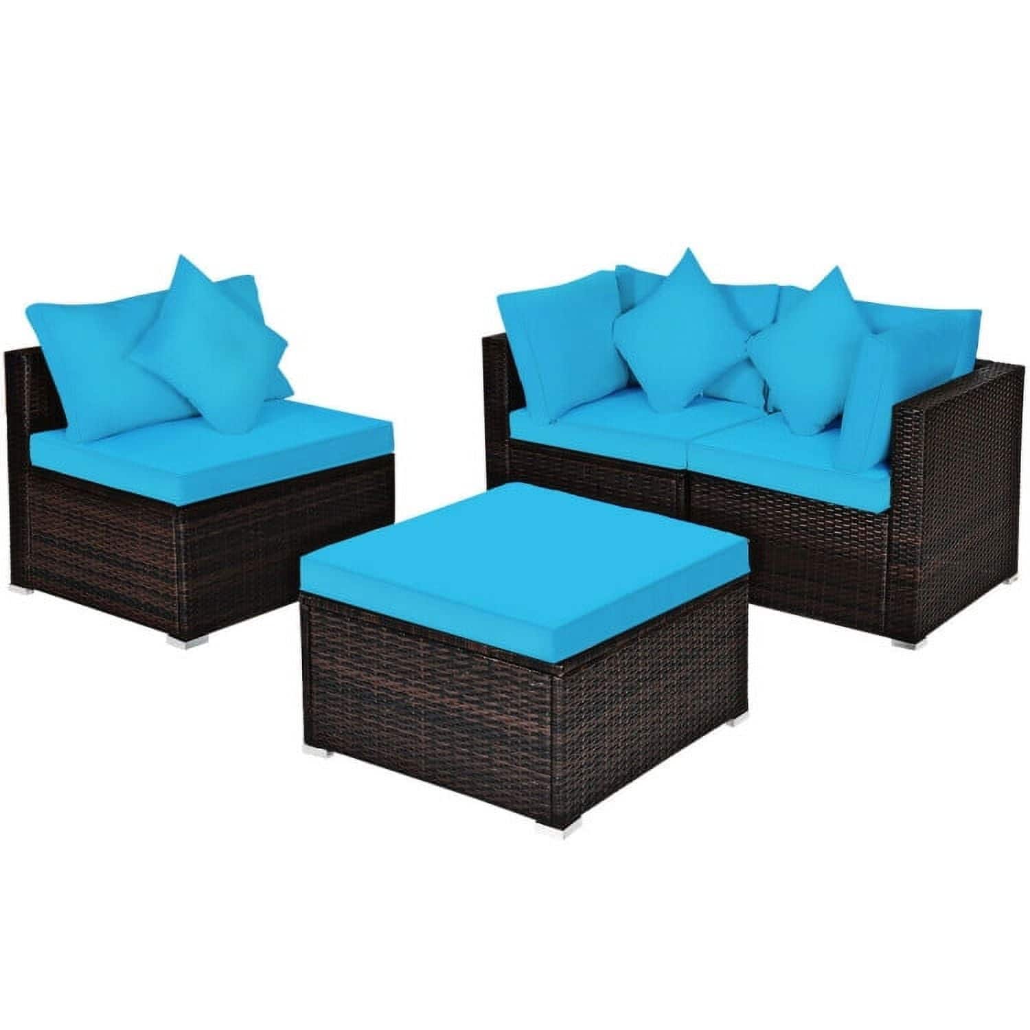 Pefilos - 4 Pcs Ottoman Garden Deck Patio Rattan Wicker Furniture Set Cushioned Sofa-Turquoise, Wicker Furniture Conversation Sets - Blue