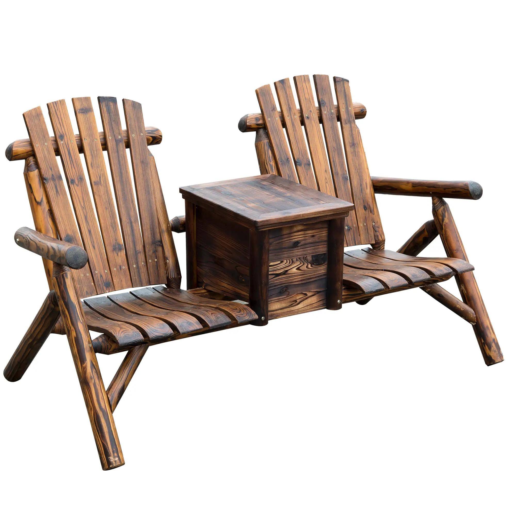 Angle. Resenkos - Resenkos Dual Wooden Adirondack Seating, High-Back Loveseat with Ice Bucket, Smooth Armrest, Rustic Brown - Rustic Brown.