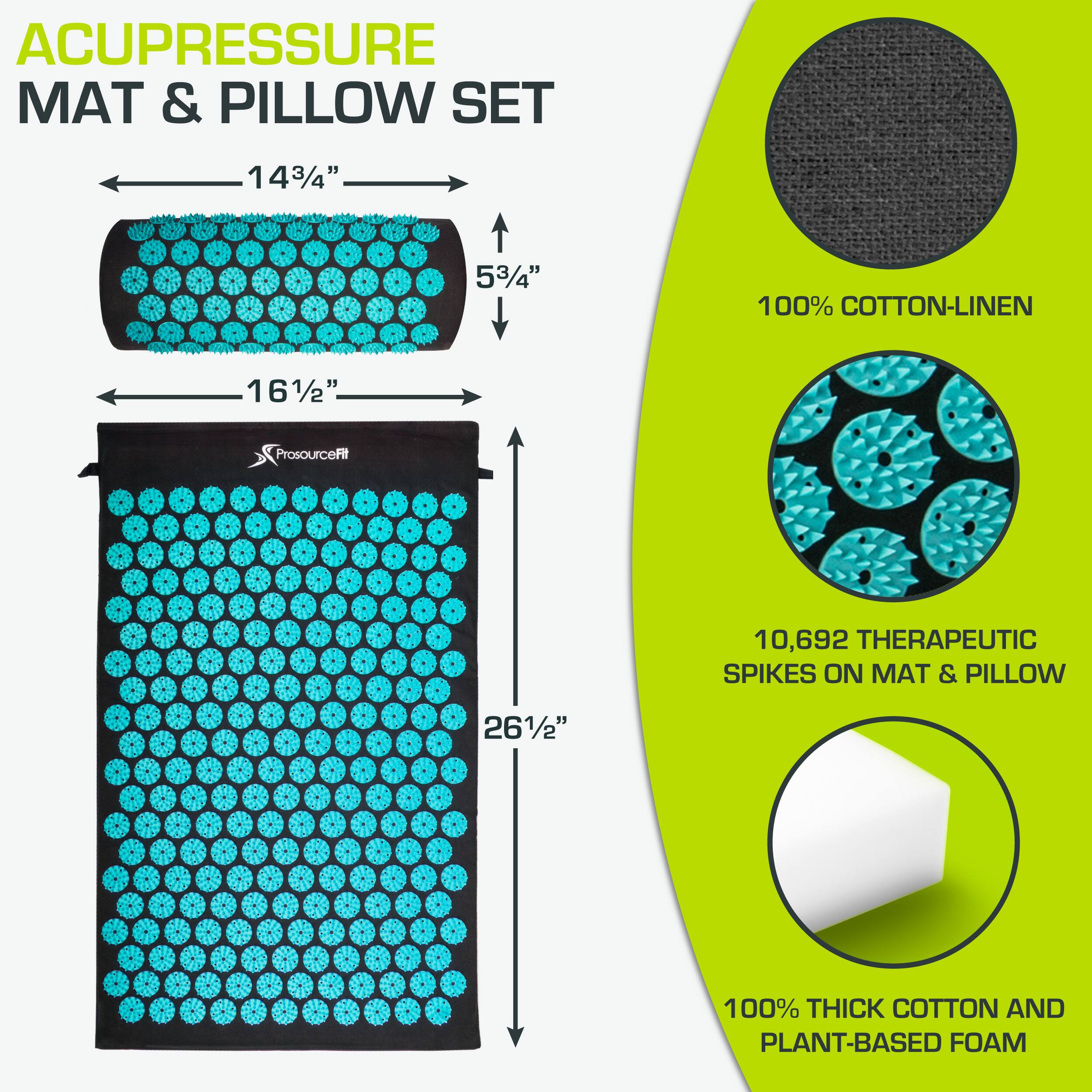 ACUPRESSURE MAT & PILLOW SET

14 3/4" x 5 3/4"  
16 1/2" x 26 1/2"

100% COTTON-LINEN

10,692 THERAPEUTIC SPIKES ON MAT & PILLOW

100% THICK COTTON AND PLANT-BASED FOAM