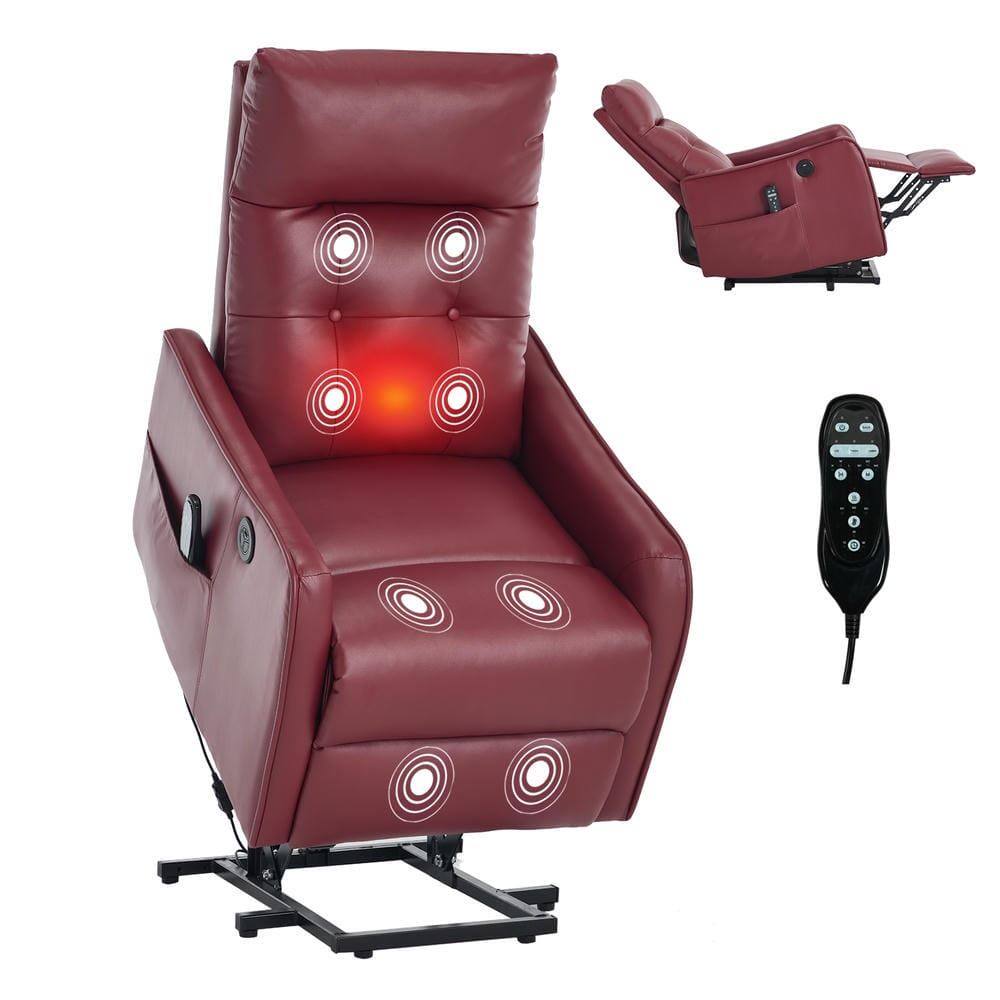 Angle. Kadyn - Power Lift Recliner Chair, Single Motor Massage & Heat, USB Port, 155° Recline, PU Leather, Red - Red.