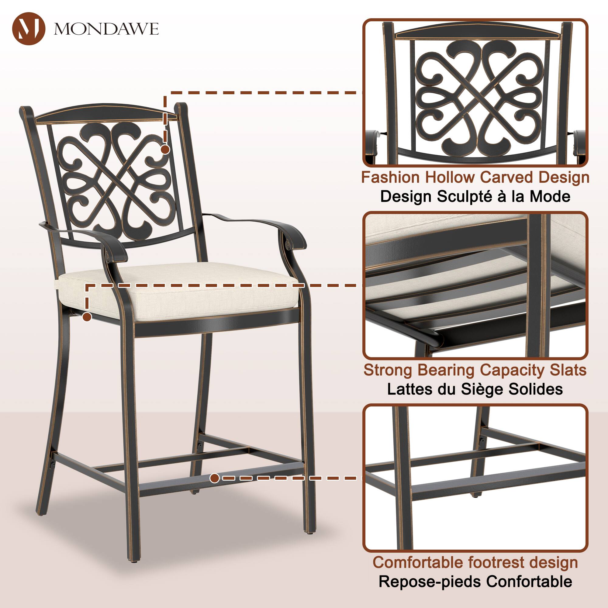 MONDAWE

- Fashion Hollow Carved Design
  Design Sculpté à la Mode

- Strong Bearing Capacity Slats
  Lattes du Siège Solides

- Comfortable footrest design
  Repose-pieds Confortable