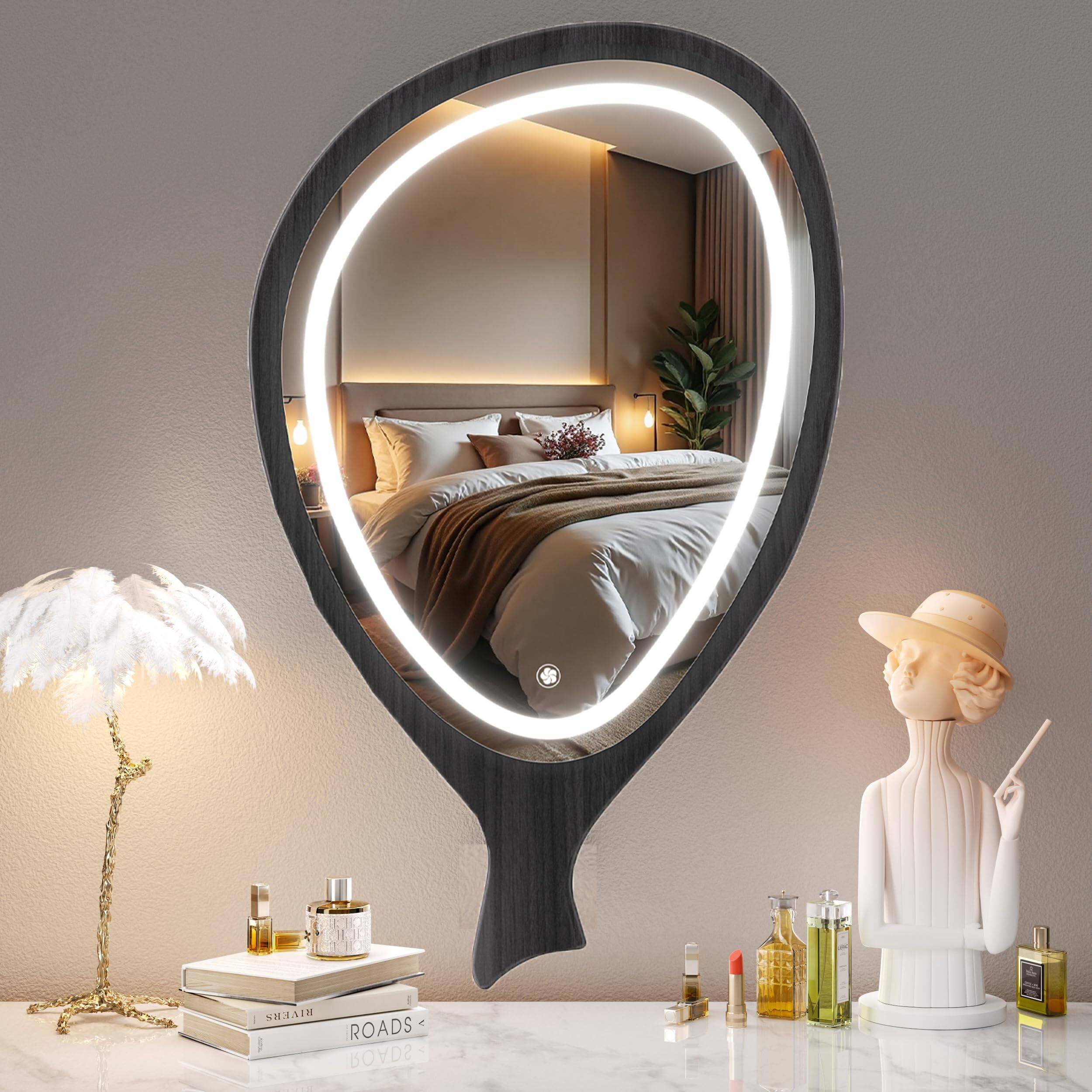 Comfort Essence - Irregular Asymmetrical Wall Mirror For Living Room Bathroom Entryway Modern Decorative Hanging hook Style - Black With Led-30"L x 18"W