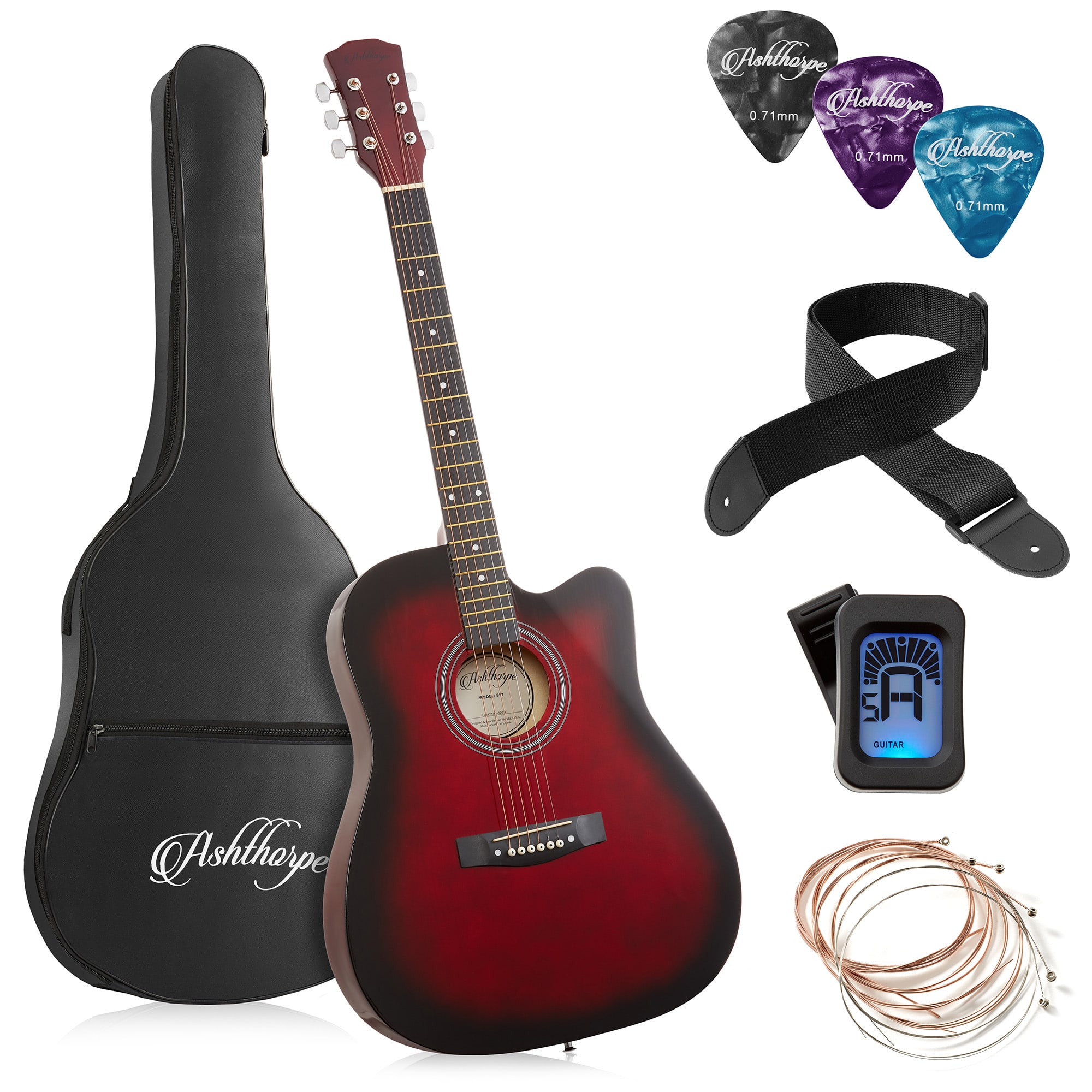 Ashthorpe - 41-in Beginner Cutaway Acoustic Guitar Package with Gig Bag - Red