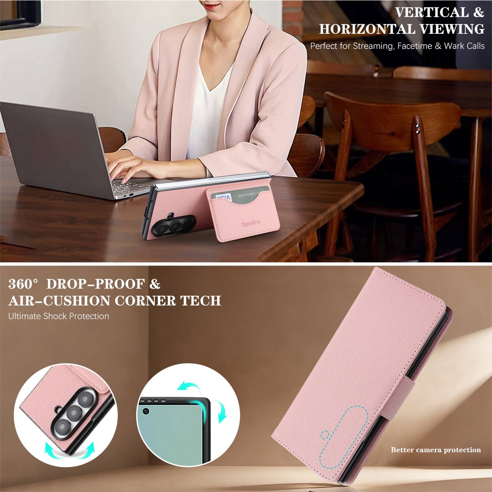 VERTICAL & HORIZONTAL VIEWING  
Perfect for Streaming, Facetime & Work Calls  

360° DROP-PROOF & AIR-CUSHION CORNER TECH  
Ultimate Shock Protection  

Better camera protection