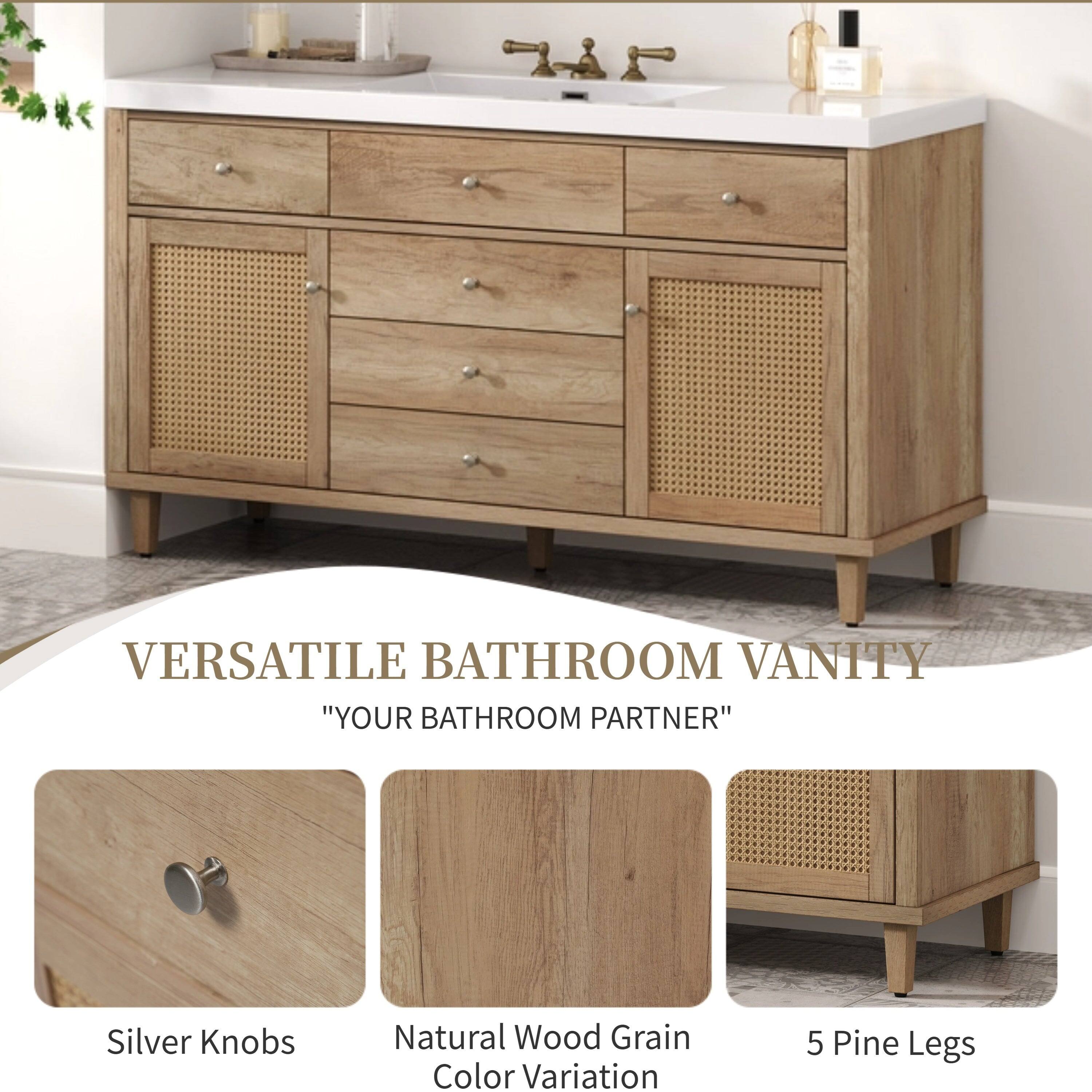 VERSATILE BATHROOM VANITY  
"YOUR BATHROOM PARTNER"  

Silver Knobs  
Natural Wood Grain Color Variation  
5 Pine Legs