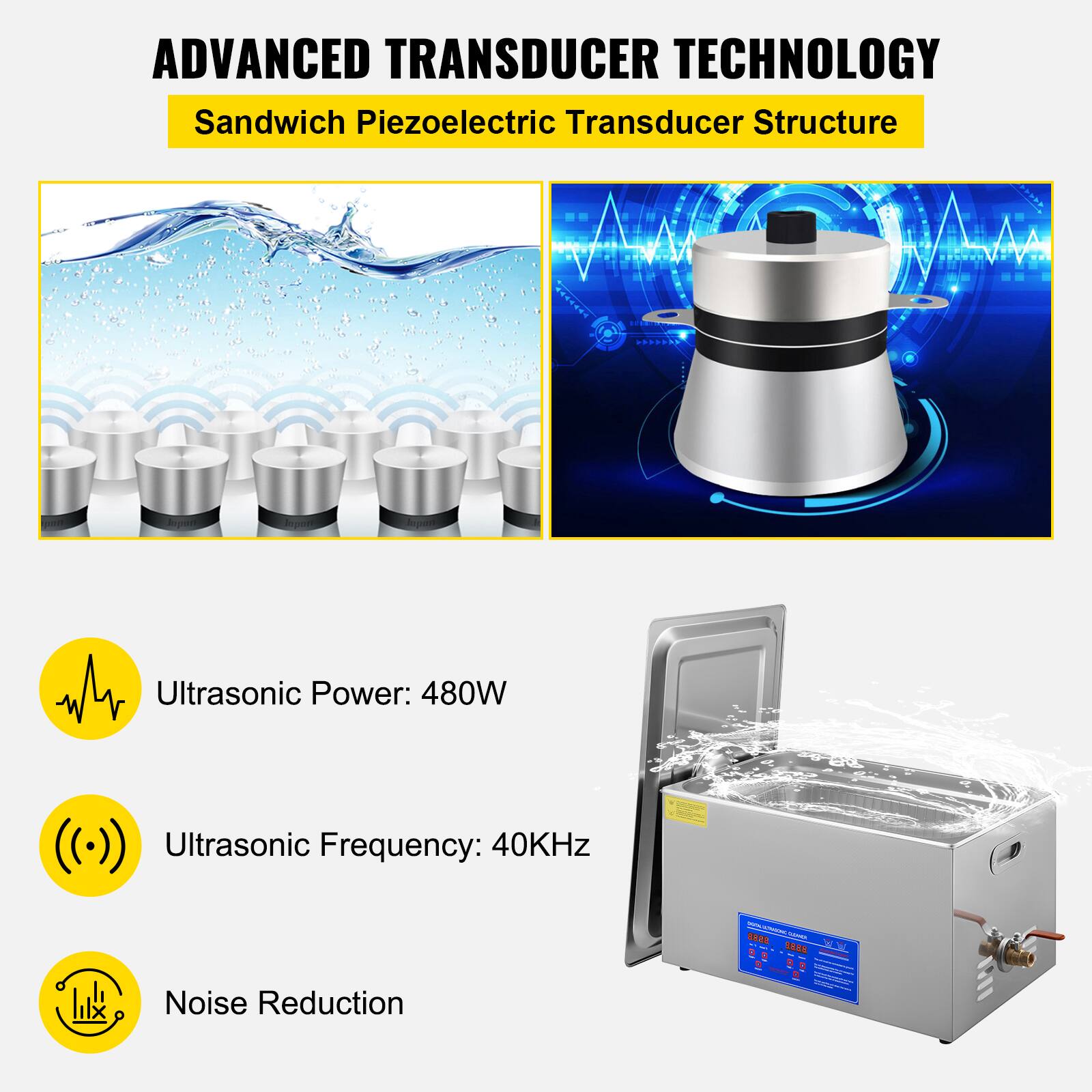 ADVANCED TRANSDUCER TECHNOLOGY  
Sandwich Piezoelectric Transducer Structure

Ultrasonic Power: 480W  
Ultrasonic Frequency: 40KHz  
Noise Reduction